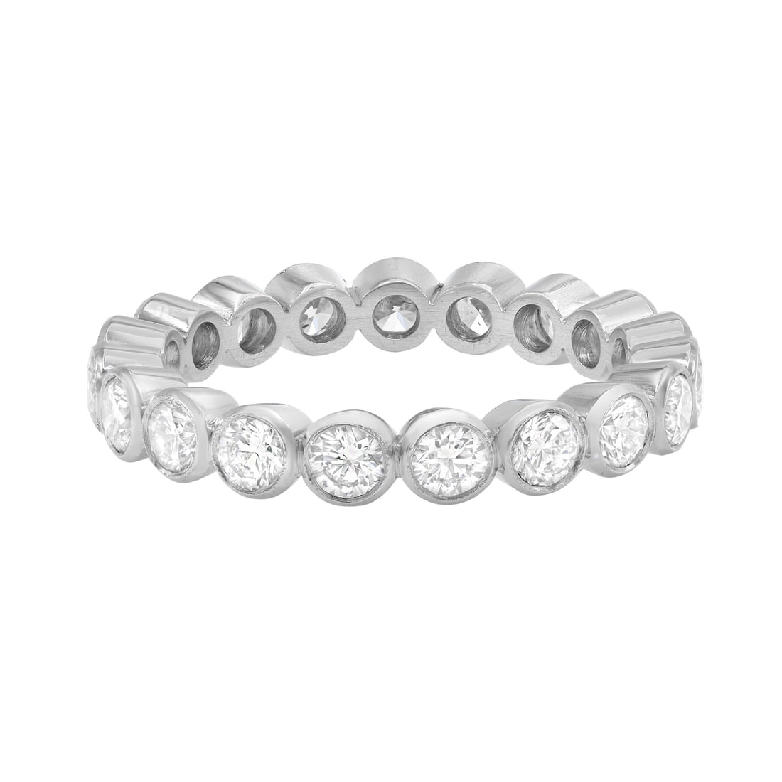 Rachel Koen Platinum Bezel Set Diamond Eternity Band Ring 0.95Cttw: Rachel Koen Platinum Bezel Set Diamond Eternity Band Ring 0.95Cttw This exquisite eternity band ring features a stunning display of round brilliant cut diamonds, meticulously set in a sleek bezel styl