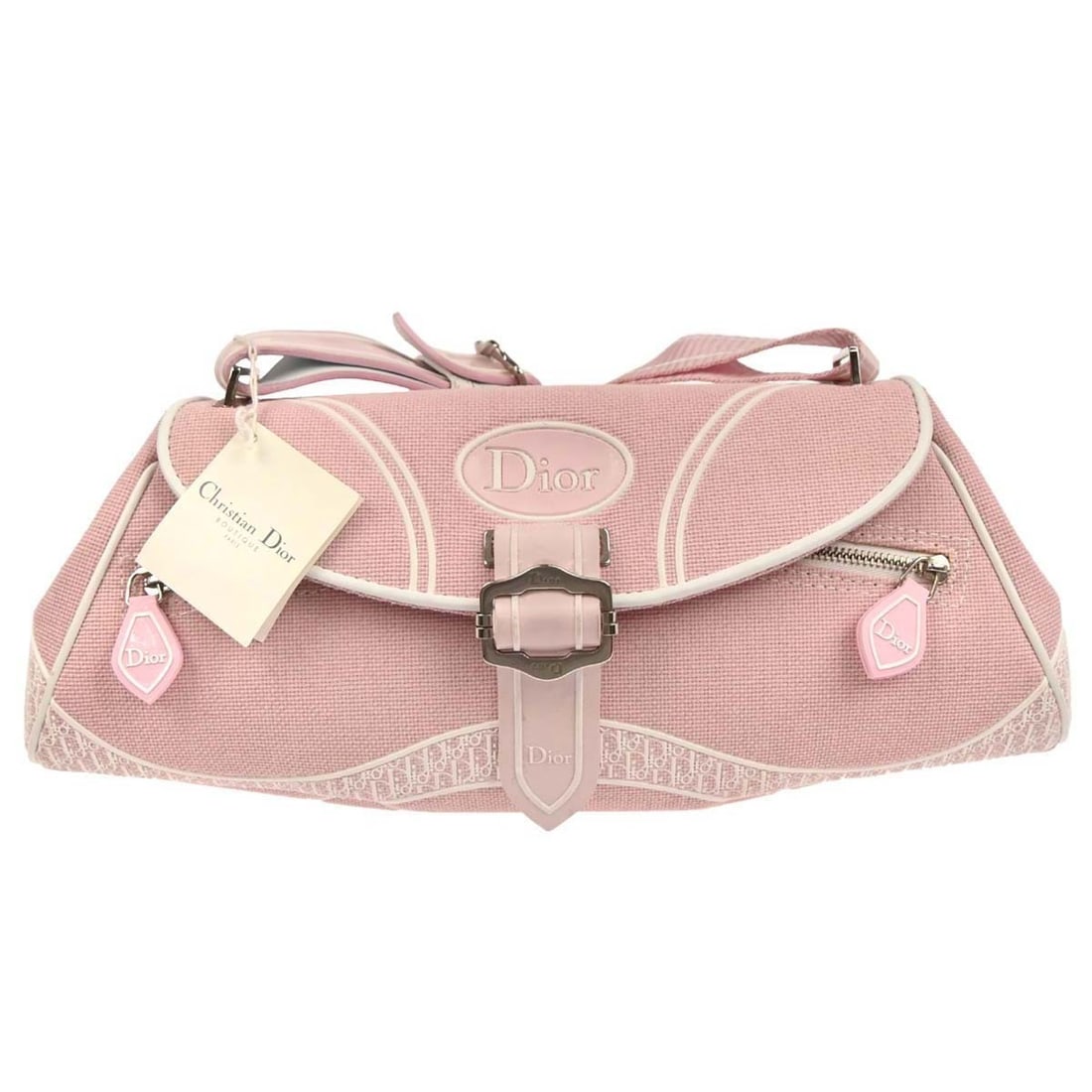 Pink and White Vintage Flap Shoulder Bag by Christian Dior: Pink and White Vintage Flap Shoulder Bag by Christian Dior This Christian Dior vintage flap shoulder bag features a pink and white color scheme. The exterior is in good condition with some scuffs on t