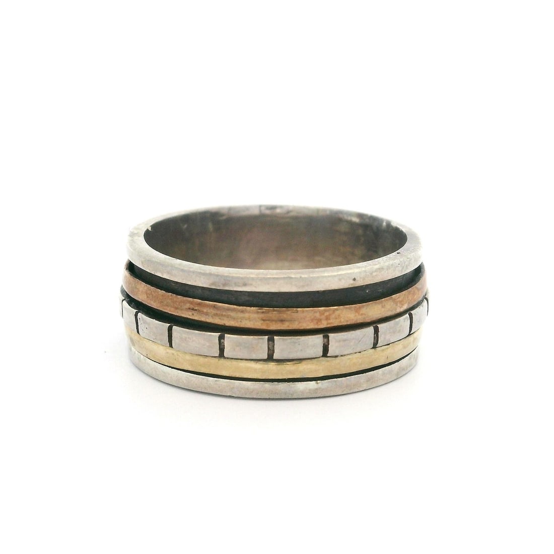 Vintage Sterling Silver Gold Plated Spinner Band Ring Unisex Size 8.5: Vintage Sterling Silver Gold Plated Spinner Band Ring Unisex Size 8.5 This vintage unisex band ring showcases a unique multi-tone design, featuring a beautiful combination of rose and yellow gold plat