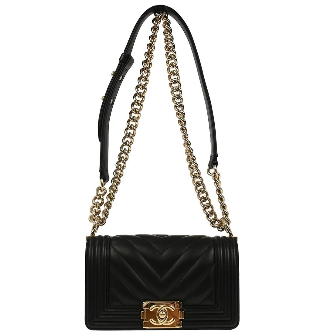 Chanel Boy Mini Black Leather Shoulder Bag with Chain Strap: Chanel Boy Mini Black Leather Shoulder Bag with Chain Strap This Boy Chanel small chain shoulder bag is crafted from black leather with a fabric-lined interior. Featuring a clasp flap closure and chai