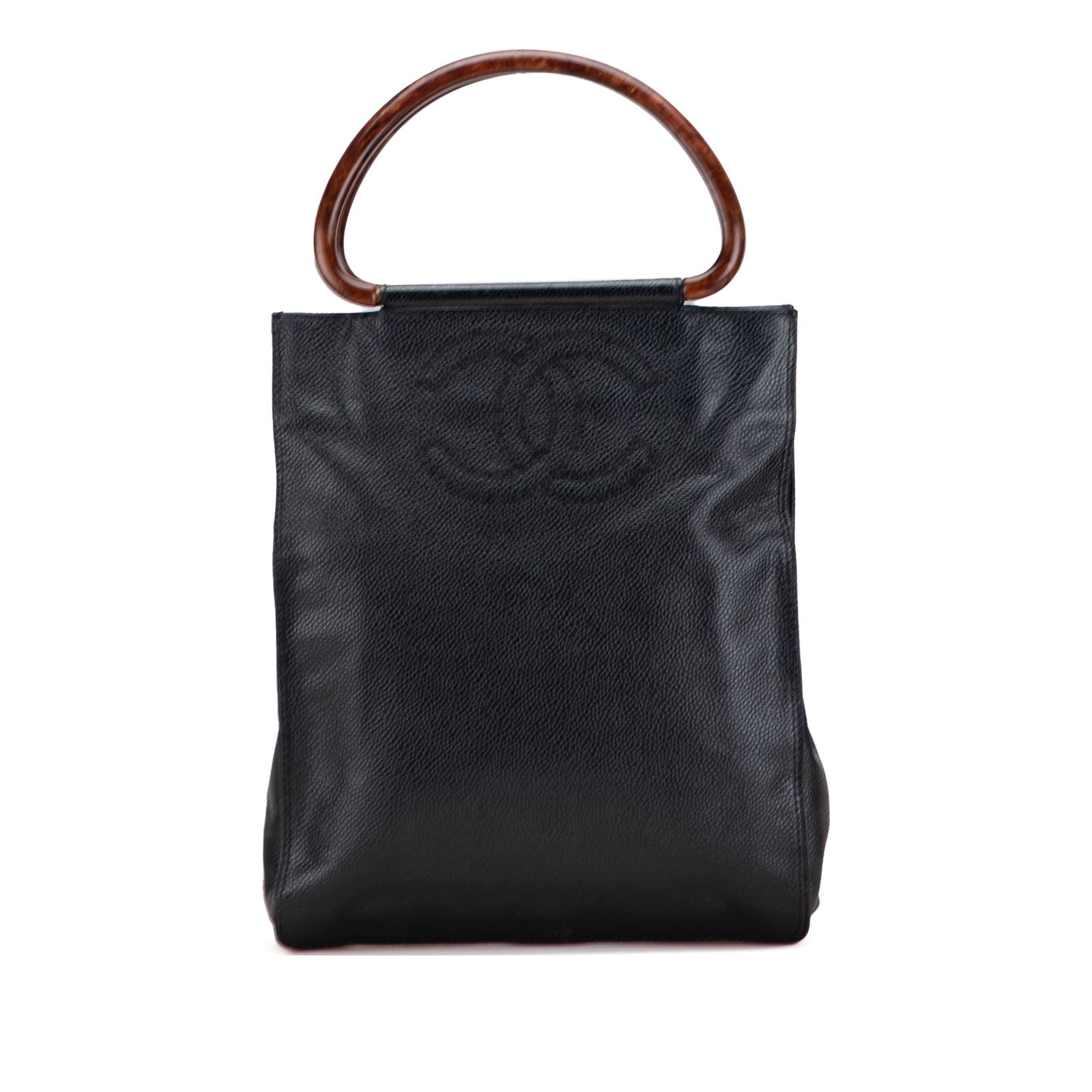 Chanel CC Caviar Leather Black Tote with Wooden Handles: Chanel CC Caviar Leather Black Tote with Wooden Handles This elegant Chanel CC Caviar Wood Top Handle Tote is crafted from luxurious caviar leather, showcasing a sophisticated black color. The tote fe