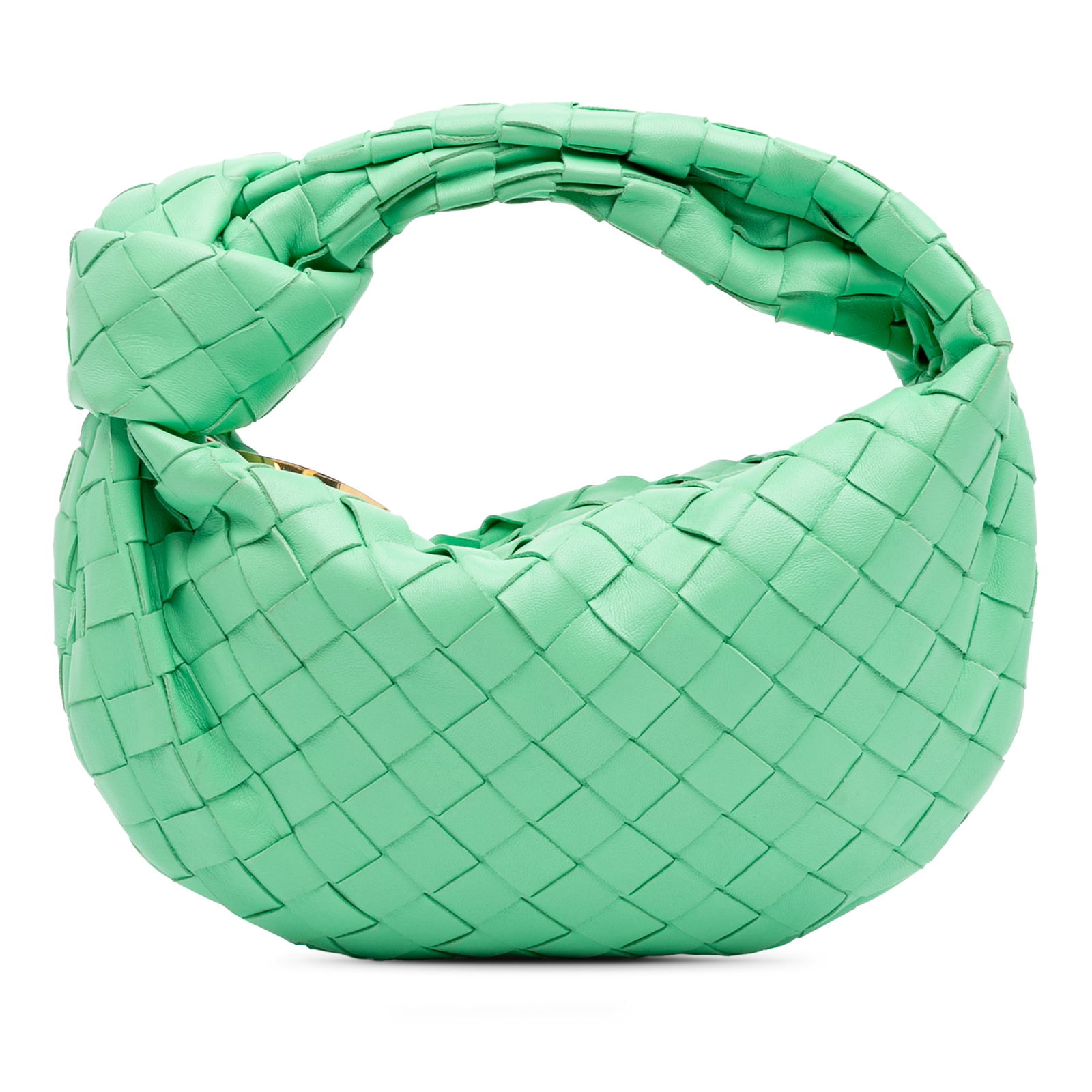 Bottega Veneta Green Mini Nappa Intrecciato Jodie Bag: Bottega Veneta Green Mini Nappa Intrecciato Jodie Bag The Bottega Veneta Mini Nappa Intrecciato Jodie is a stylish bag crafted from woven nappa leather, featuring a unique woven and knotted handle and