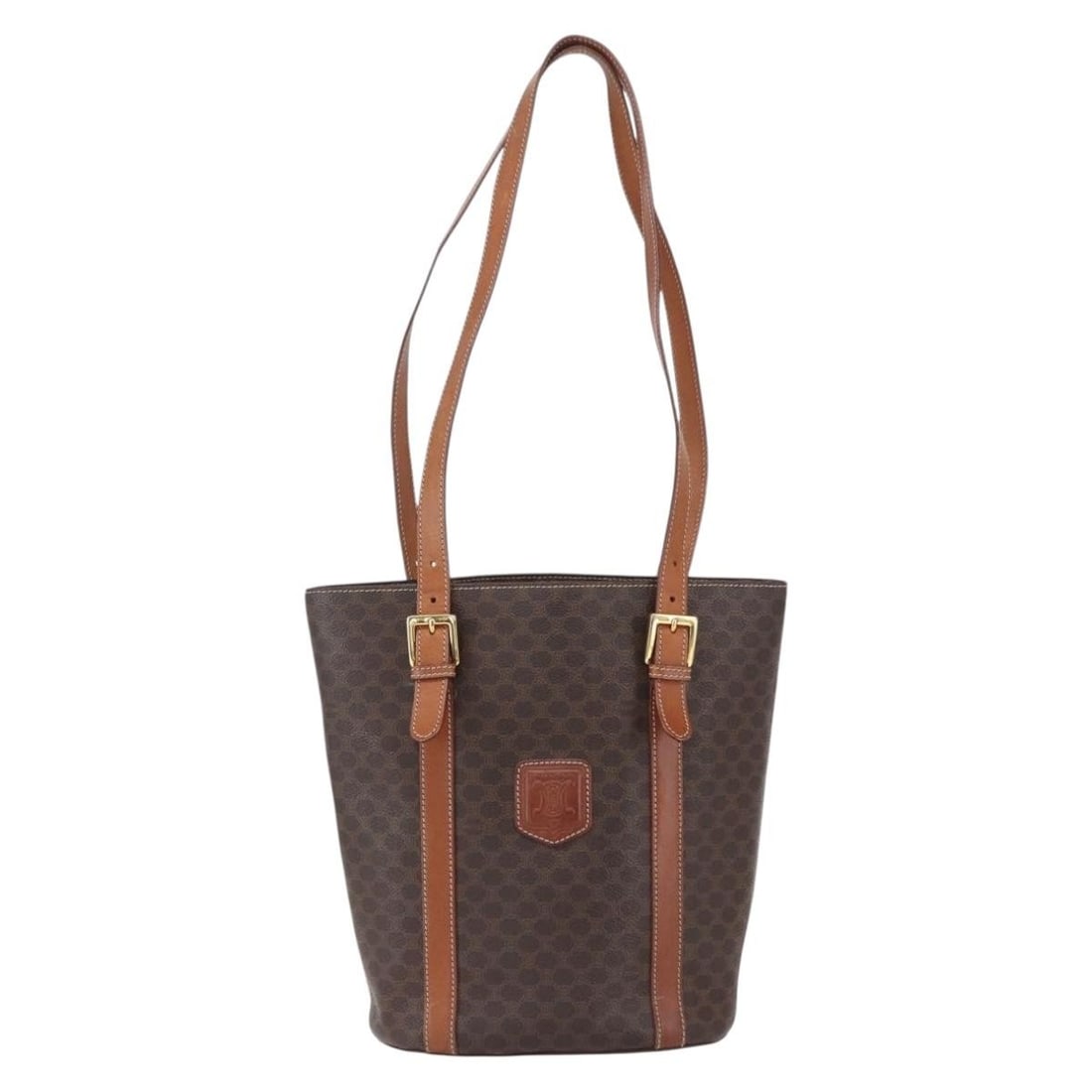 Celine Macadam Brown Vintage Tote Handbag: Celine Macadam Brown Vintage Tote Handbag This vintage Celine Macadam tote bag features a brown exterior with leather accents. It is pre-owned and in good condition, displaying visible signs of use in