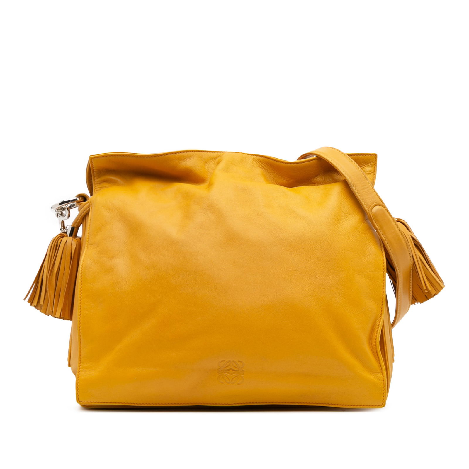 LOEWE Nappa Flamenco Tassel 22 Yellow Leather Crossbody Bag: LOEWE Nappa Flamenco Tassel 22 Yellow Leather Crossbody Bag Introducing the LOEWE Nappa Flamenco Tassel 22 Crossbody, a stunning leather bag that showcases exquisite craftsmanship. This stylish crossb