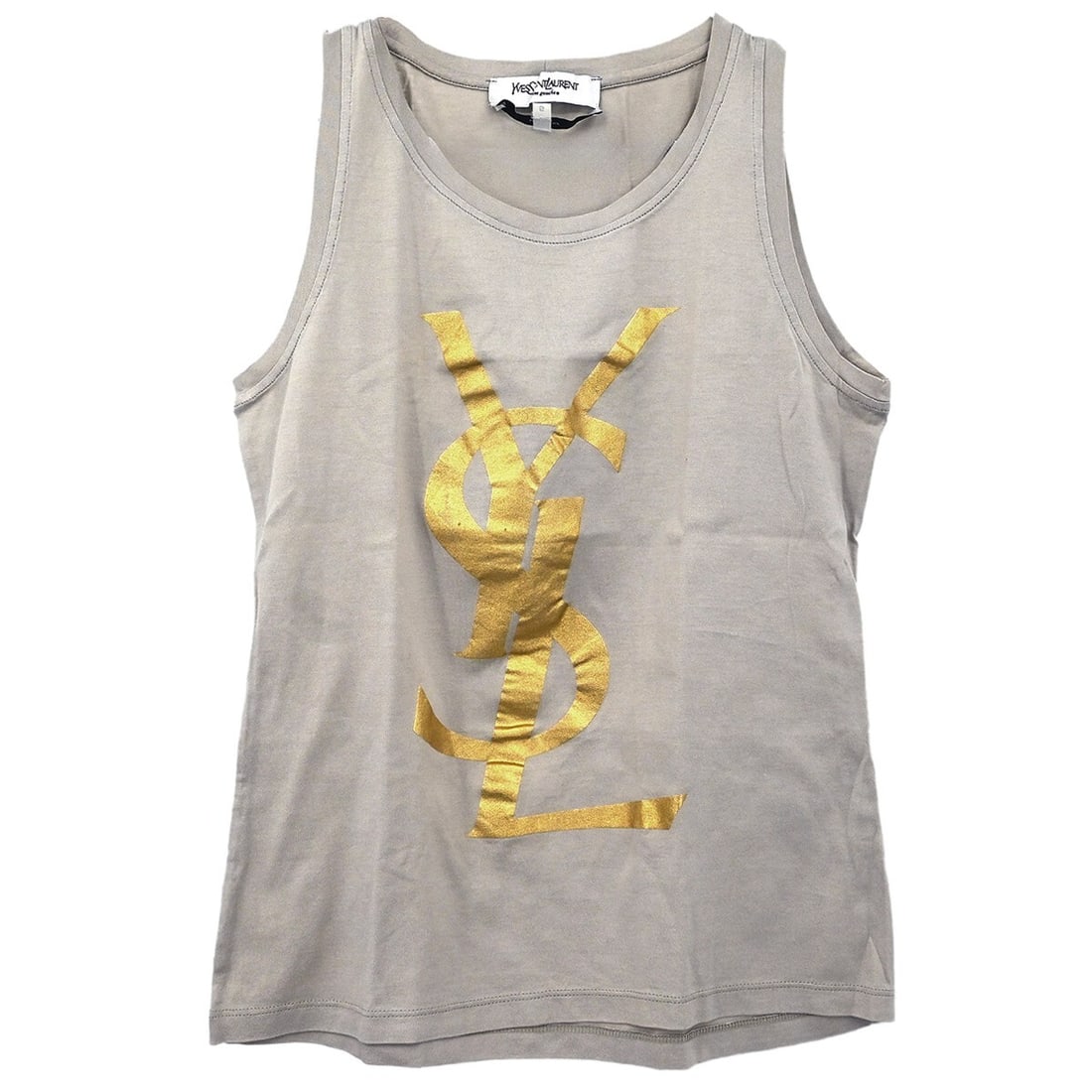 Yves Saint Laurent Vintage Gray Sleeveless Tank Top: Yves Saint Laurent Vintage Gray Sleeveless Tank Top Elevate your summer wardrobe with this stylish Yves Saint Laurent sleeveless tank top. Crafted from 100% cotton, this basic gray tank features a rou