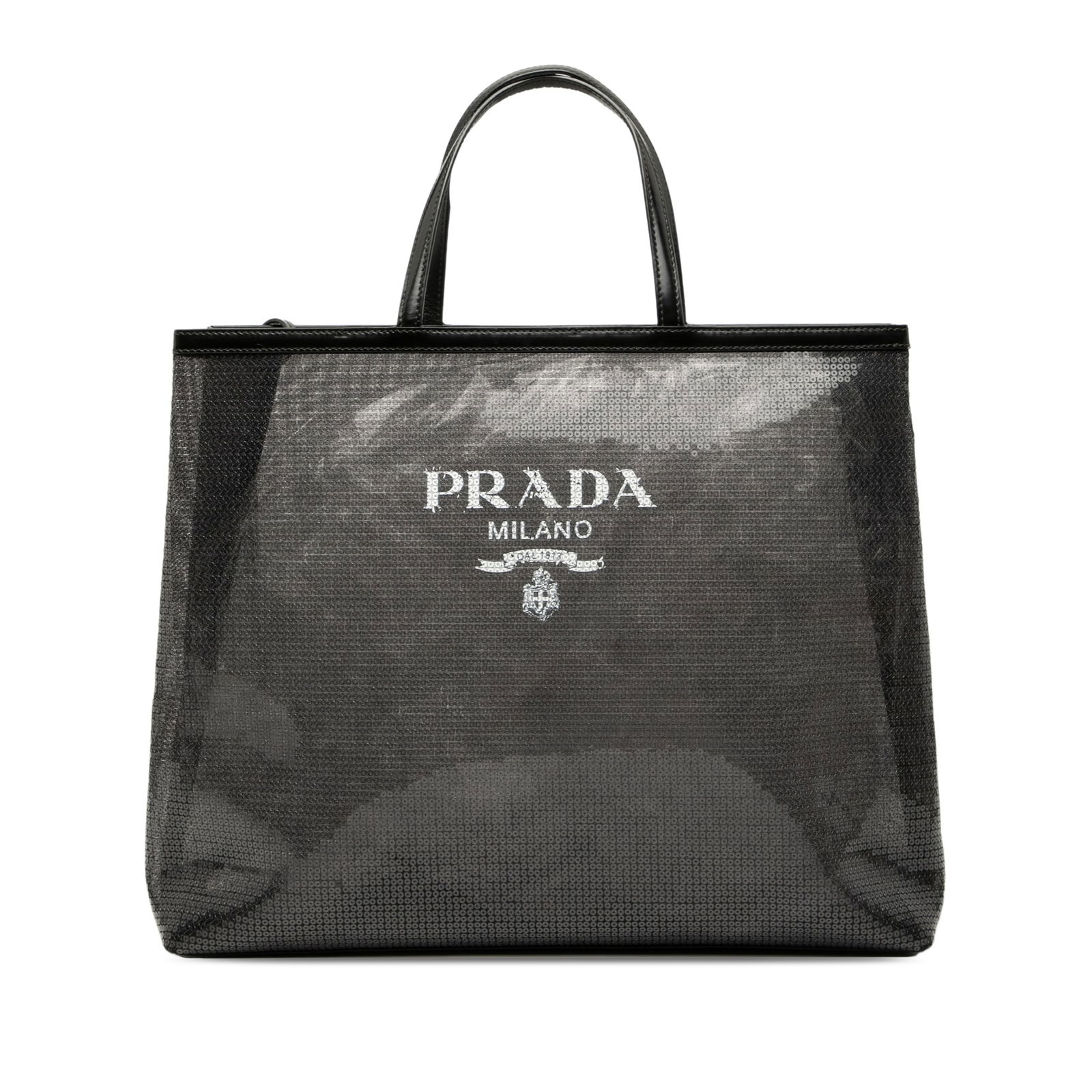 Prada Large Black Sequined Mesh Logo Tote with Leather Trim: Prada Large Black Sequined Mesh Logo Tote with Leather Trim Elevate your accessory game with this Prada Large Sequined Mesh Logo Tote. Crafted in Italy, this stylish tote showcases a striking sequin-e