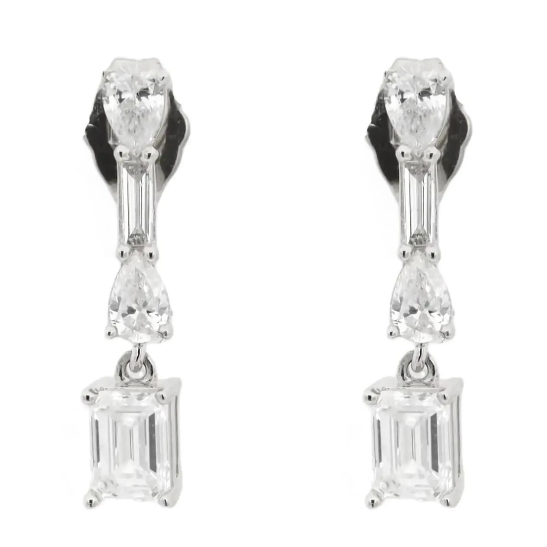Rachel Koen 14k White Gold Drop Earrings with Lab Grown Diamonds 1.25ctw: Rachel Koen 14k White Gold Drop Earrings with Lab Grown Diamonds 1.25ctw Elegant drop earrings crafted from 14k white gold, featuring a combination of pear, baguette, and emerald cut lab-grown diamond