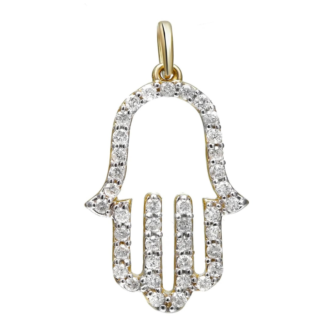Rachel Koen 14K Yellow Gold Hamsa Pendant with 0.33 Carat Diamonds: Rachel Koen 14K Yellow Gold Hamsa Pendant with 0.33 Carat Diamonds This exquisite Hamsa pendant is a classic piece crafted from 14K yellow gold. It features a unique Hamsa shape adorned with prong-set