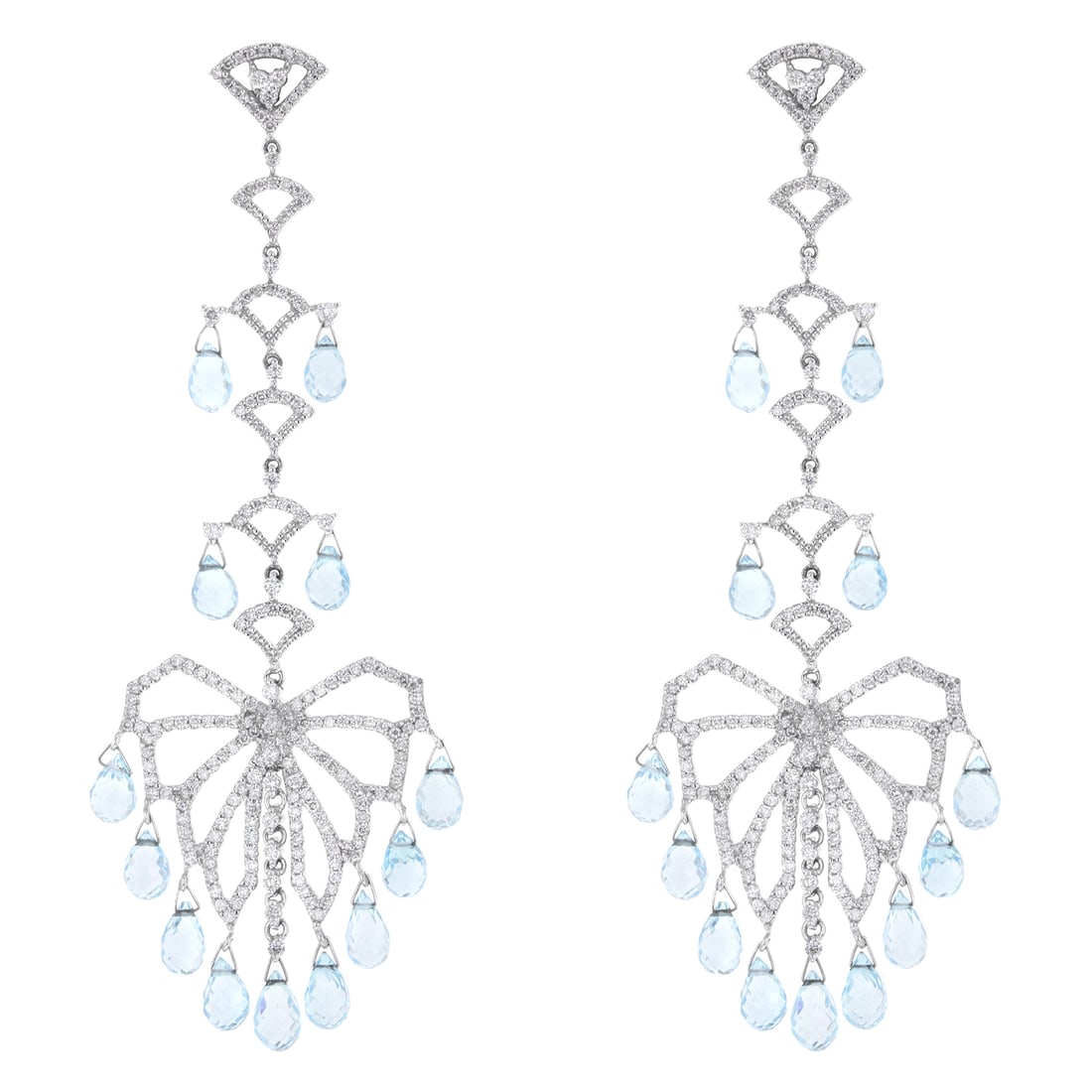 Rachel Koen 18K White Gold Aquamarine Diamond Chandelier Earrings 1.25Ctw: Rachel Koen 18K White Gold Aquamarine Diamond Chandelier Earrings 1.25Ctw Elevate your elegance with these stunning chandelier drop dangle earrings crafted from luxurious 18K white gold. Adorned with