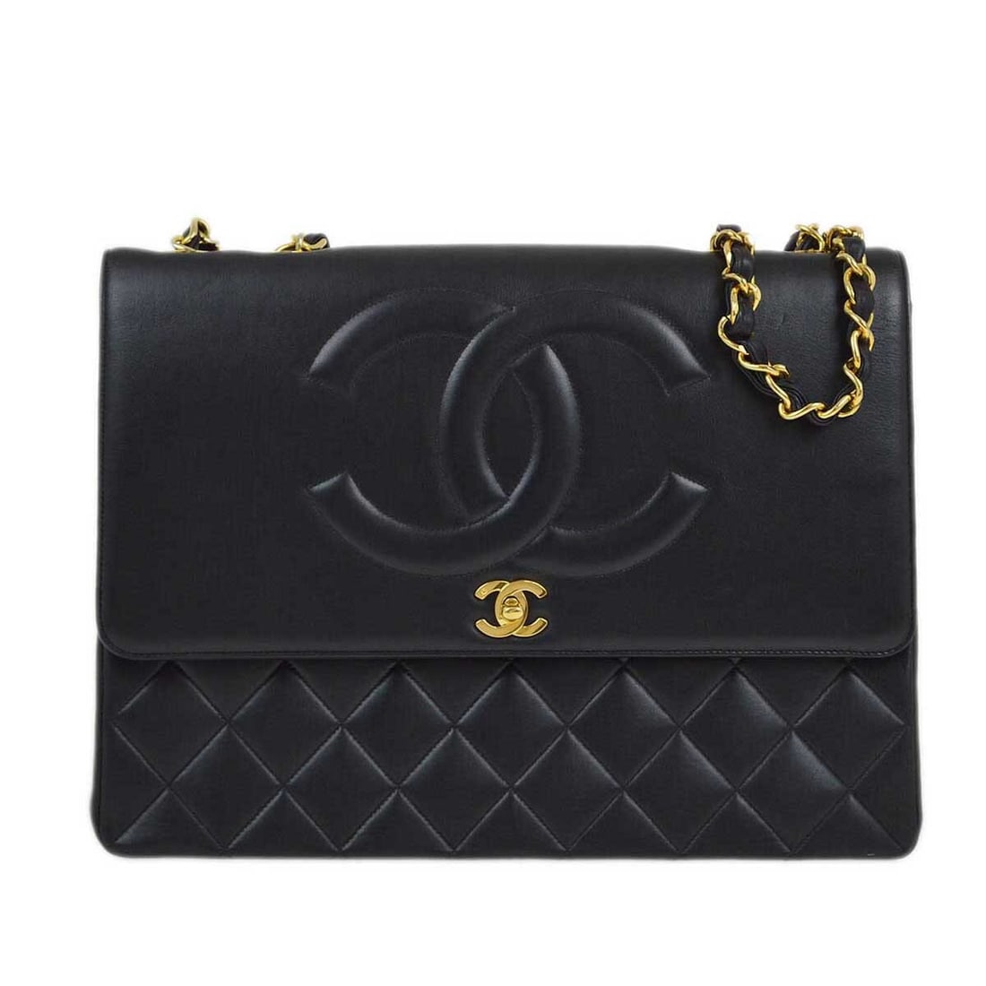Chanel Black Lambskin Jumbo Classic Flap Shoulder Bag: Chanel Black Lambskin Jumbo Classic Flap Shoulder Bag This Chanel Classic Flap Maxi Jumbo Chain Shoulder Bag is a sophisticated accessory made from luxurious black lambskin leather. Featuring a stylis