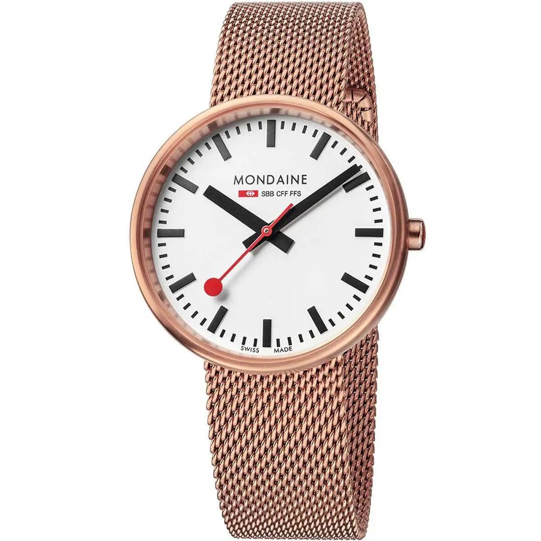 Mondaine Mini Giant Quartz Unisex Watch Rose Gold Tone White Dial A763.30362.22SBM: Mondaine Mini Giant Quartz Unisex Watch Rose Gold Tone White Dial A763.30362.22SBM The Mondaine Mini Giant Steel White Dial Quartz Unisex Watch is a stylish and casual timepiece that combines function