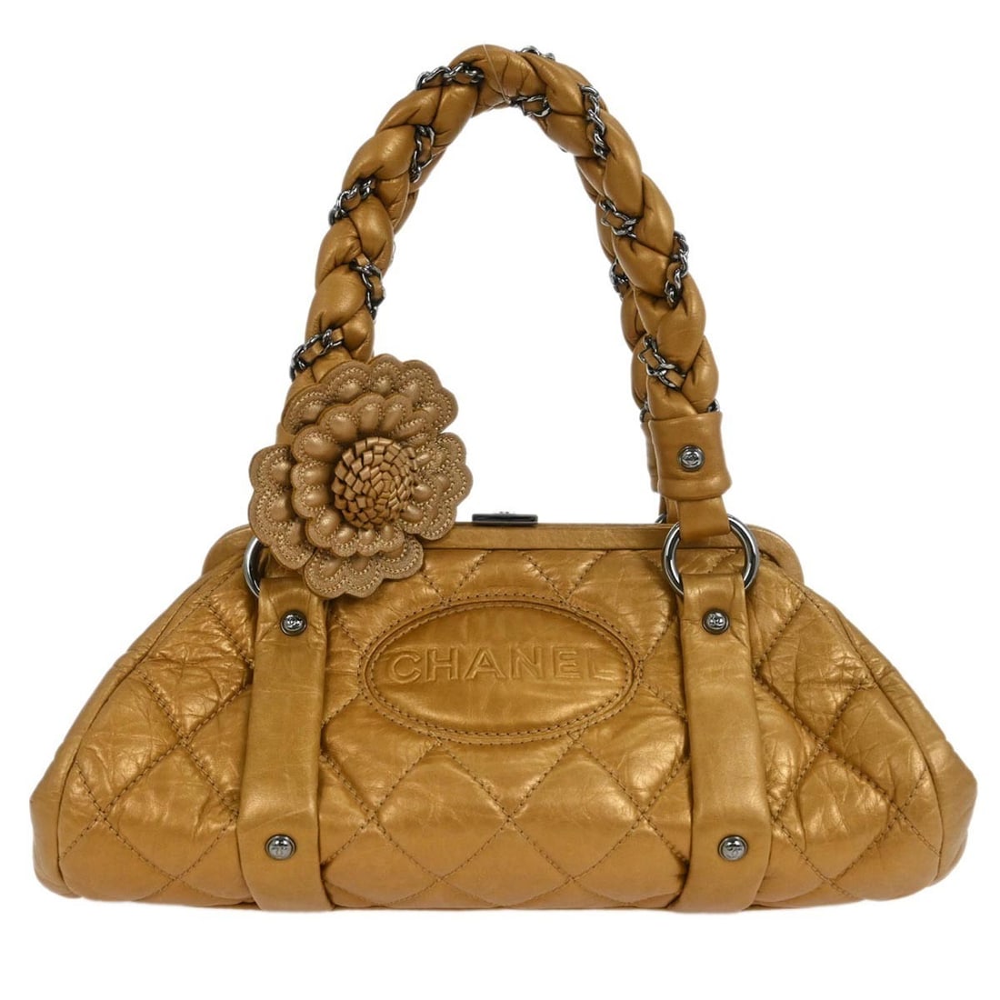 Chanel Medium Gold Leather Top Handle Bag with Double Handles: Chanel Medium Gold Leather Top Handle Bag with Double Handles This Chanel top handle bag features gold lambskin leather with double handles and a kiss lock closure. The medium-sized handbag is designe