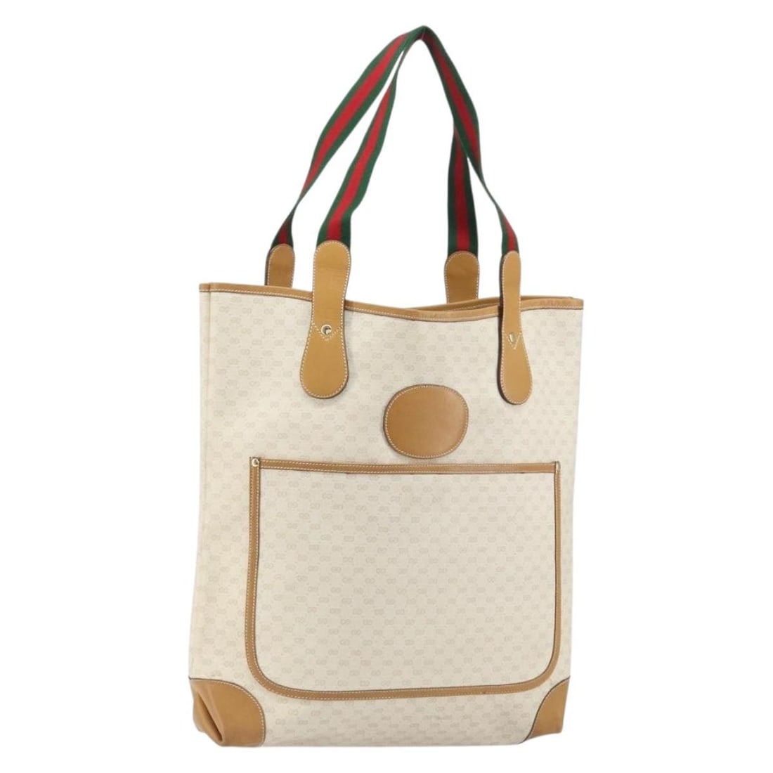 White Vintage Gucci Tote Bag with Leather Detailing: White Vintage Gucci Tote Bag with Leather Detailing This pre-owned Gucci vintage tote bag features a white leather exterior with signs of wear, such as loss of shape, surface rubbing, and stains. The