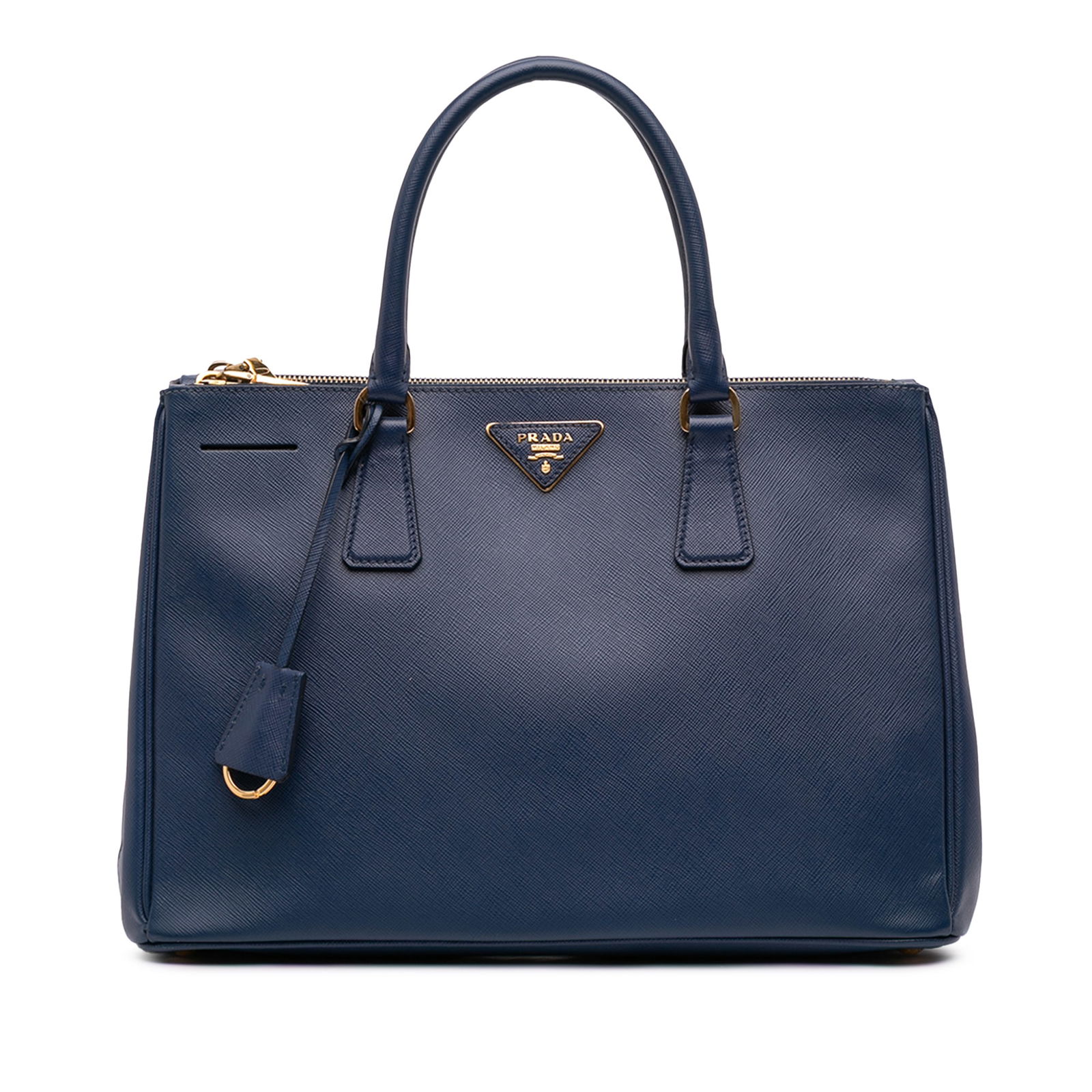 Prada Medium Saffiano Lux Galleria Double Zip Satchel Blue Leather: Prada Medium Saffiano Lux Galleria Double Zip Satchel Blue Leather This Prada Medium Saffiano Lux Galleria Double Zip Satchel is a sophisticated accessory crafted from high-quality saffiano leather. I