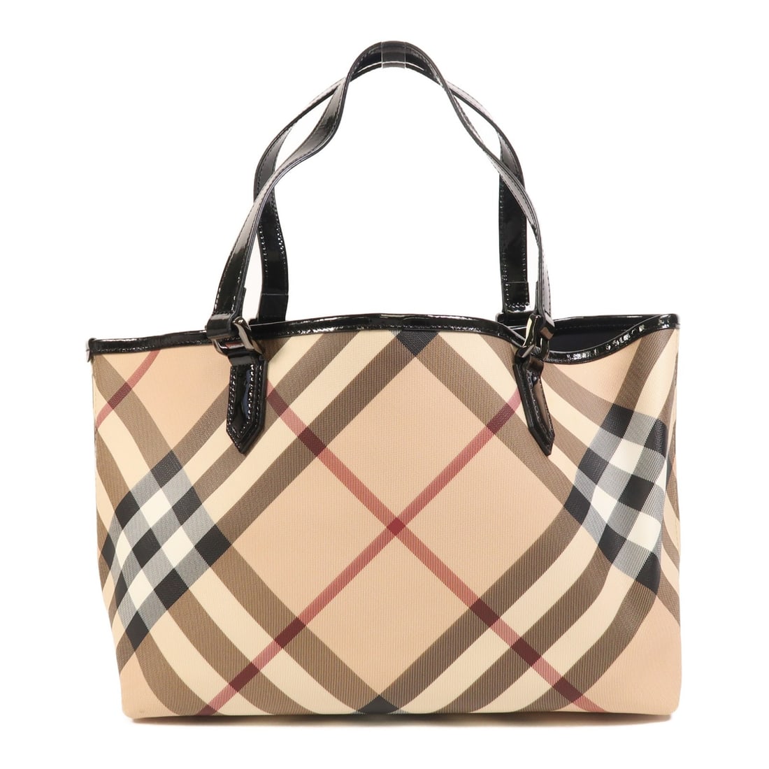 Burberry Beige and Black Coated Canvas Patent Leather Shoulder Bag: Burberry Beige and Black Coated Canvas Patent Leather Shoulder Bag This Burberry shoulder bag features a classic beige PVC coated canvas exterior, complemented by patent leather accents in black. Craf