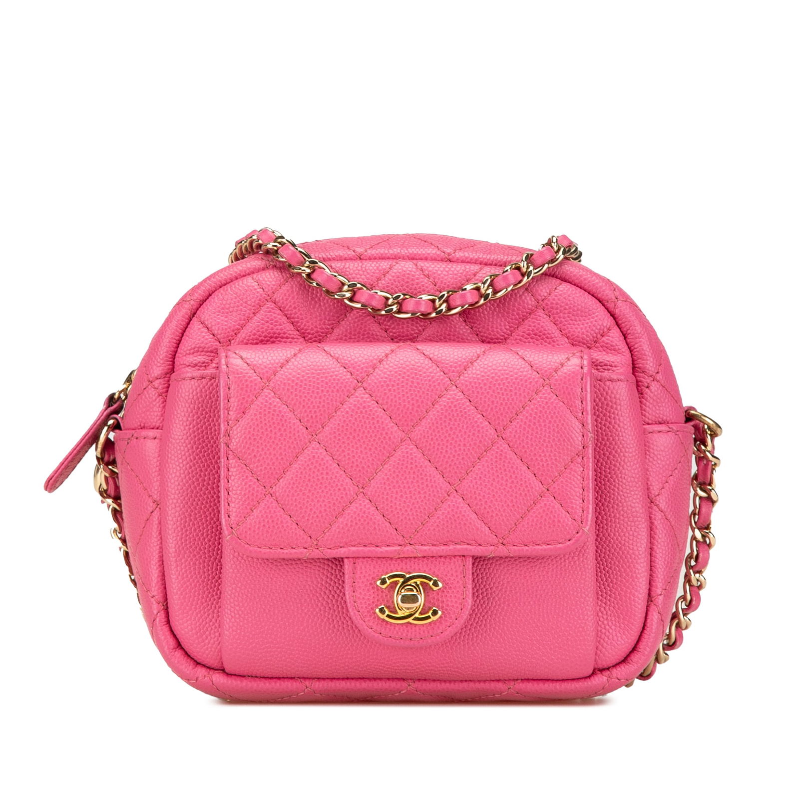 Chanel Quilted Caviar CC Day Camera Bag Pink Leather Crossbody: Chanel Quilted Caviar CC Day Camera Bag Pink Leather Crossbody Introducing the Chanel Quilted Caviar CC Day Camera Bag, a stylish and functional crossbody bag made from luxurious caviar leather. This
