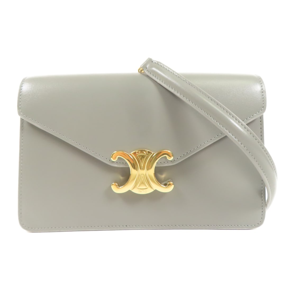 CELINE Margo WOC Chain Shoulder Bag Gray Calfskin Leather: CELINE Margo WOC Chain Shoulder Bag Gray Calfskin Leather Elevate your style with the CELINE WOC Margo Chain Shoulder Bag, crafted from luxurious calfskin leather in an elegant gray hue. This chic sho