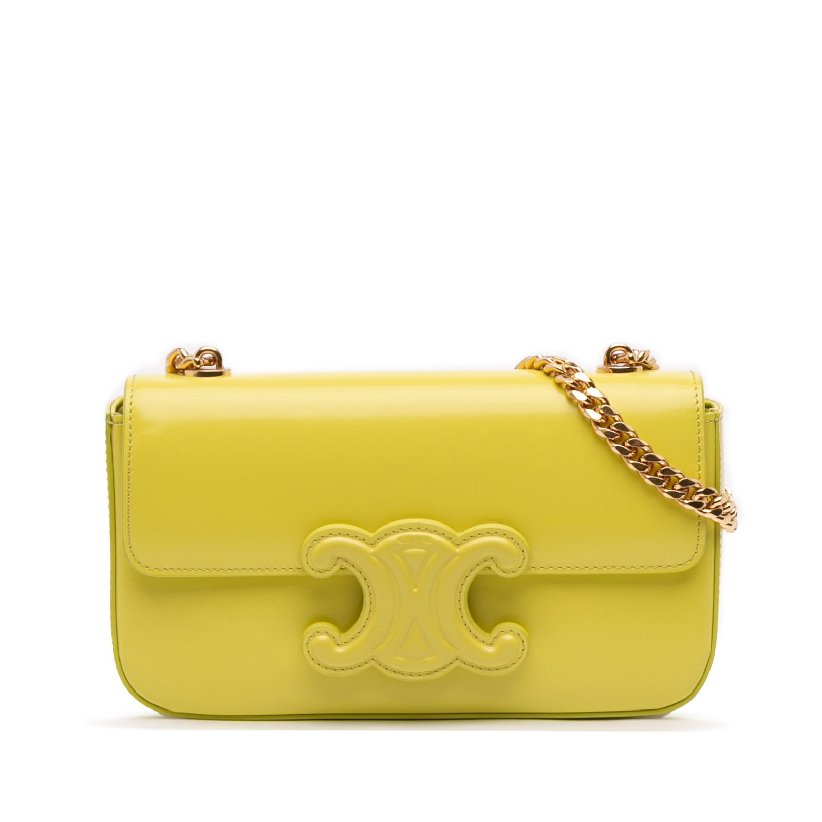Celine Yellow Calfskin Cuir Triomphe Chain Shoulder Bag: Celine Yellow Calfskin Cuir Triomphe Chain Shoulder Bag Elevate your accessory collection with the Celine Calfskin Cuir Triomphe Chain Shoulder Bag. This stylish bag features a luxurious leather body