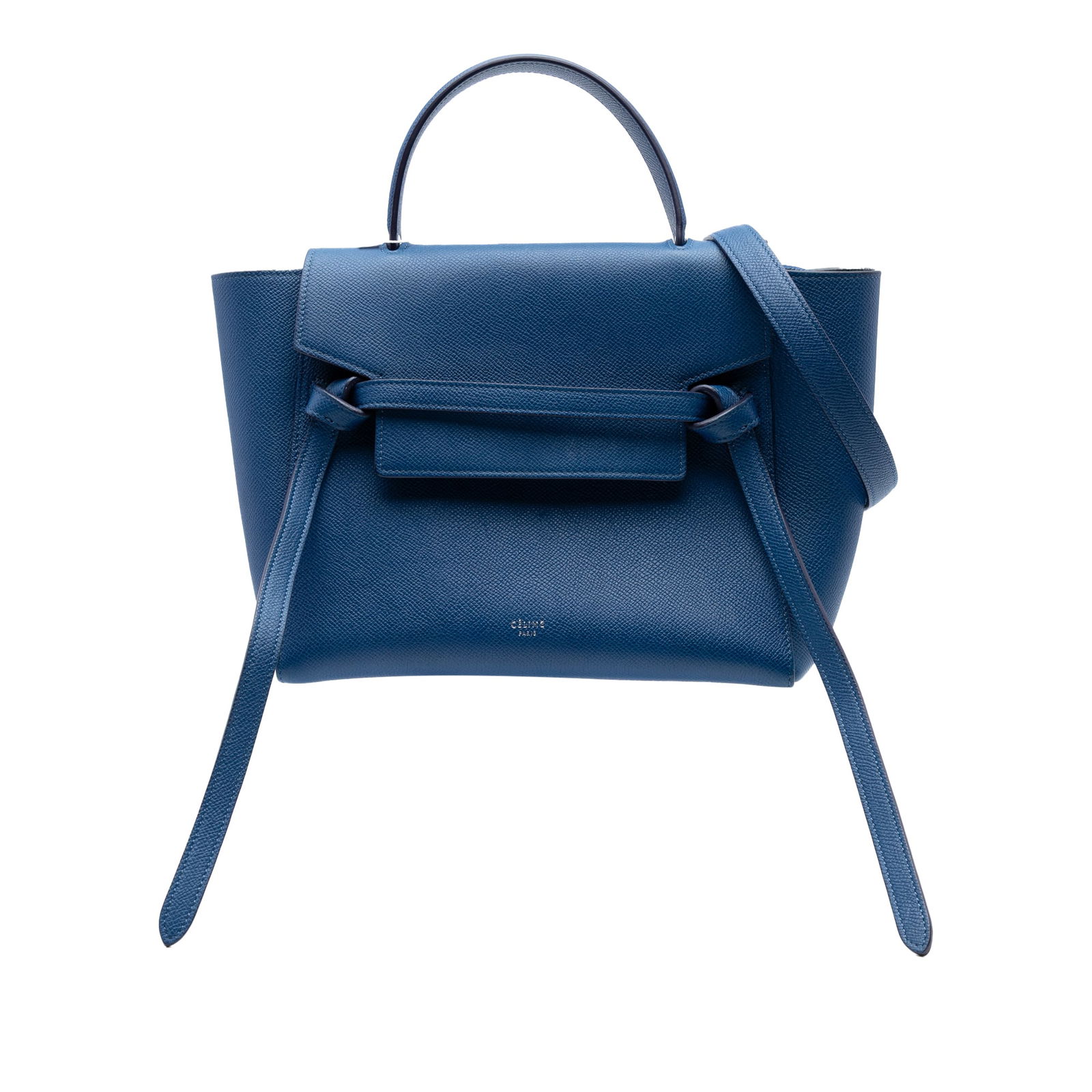 Celine Micro Grained Calfskin Belt Bag in Blue Leather: Celine Micro Grained Calfskin Belt Bag in Blue Leather Introducing the Celine Micro Grained Calfskin Belt Bag, crafted from premium grained calf leather in an elegant blue hue. This versatile satchel