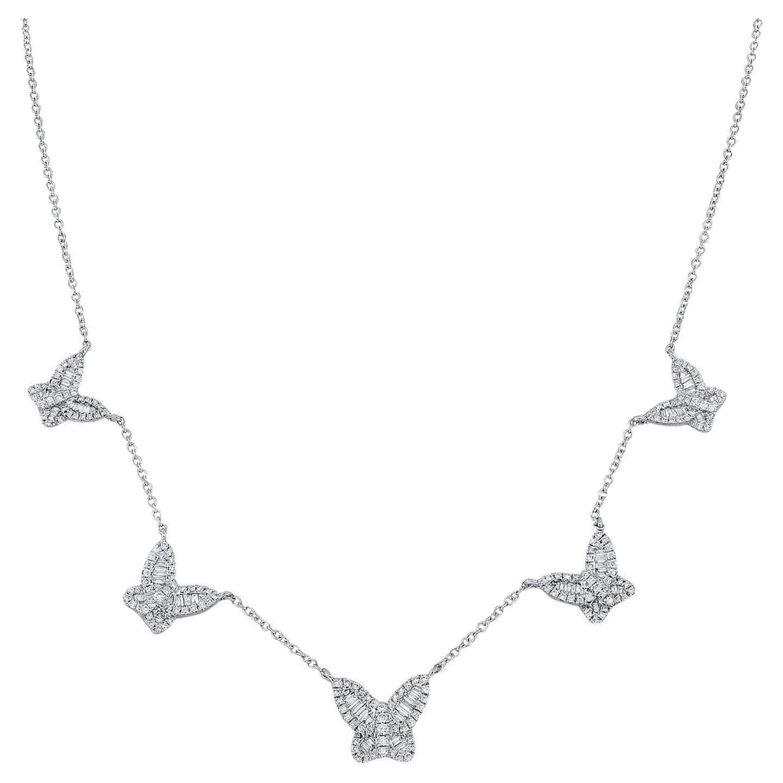 Harbor Diamonds 14KT White Gold Butterfly Necklace 0.77 Carats: Harbor Diamonds 14KT White Gold Butterfly Necklace 0.77 Carats This exquisite 14KT white gold necklace features a stunning design of five graduated butterflies, each adorned with a total of 257 baguet