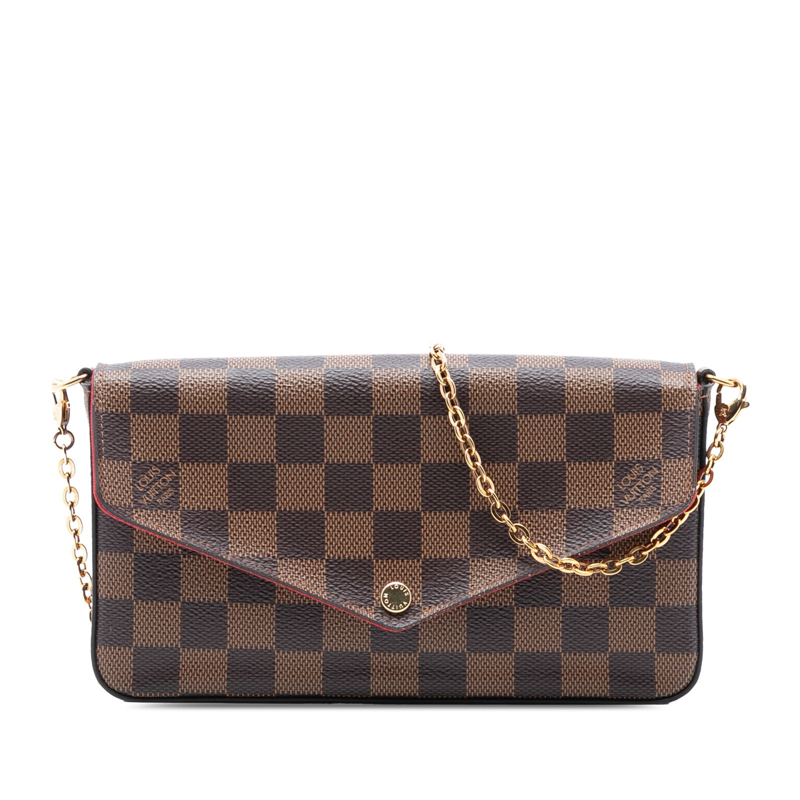 Louis Vuitton Felicie Crossbody in Damier Ebene Canvas with Chain Strap: Louis Vuitton Felicie Crossbody in Damier Ebene Canvas with Chain Strap The Louis Vuitton Damier Ebene Pochette Felicie is a crossbody bag crafted from signature damier ebene canvas. It features a det