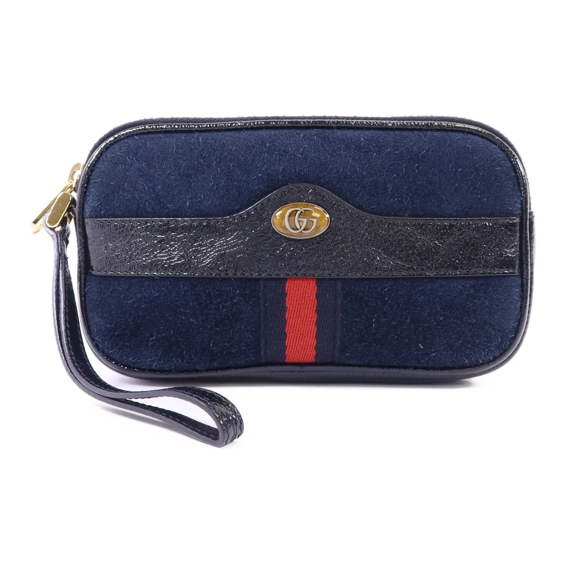 Gucci GG Blue Suede Patent Leather Pouch Gold Hardware 517366: Gucci GG Blue Suede Patent Leather Pouch Gold Hardware 517366 This Gucci GG pouch is crafted from blue suede and patent leather, featuring an accessory design with gold tone hardware. The pouch is mad