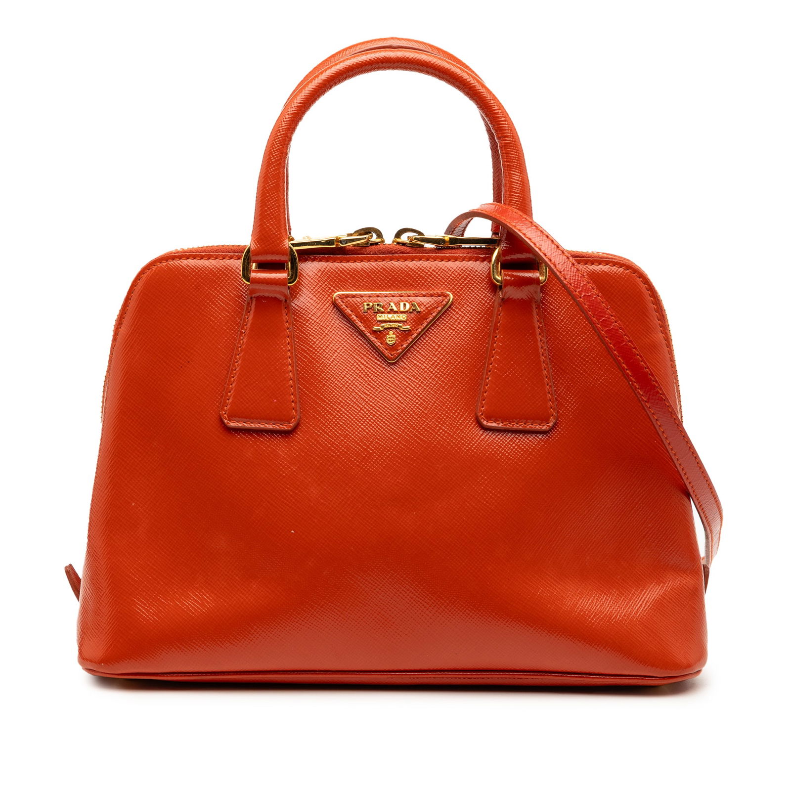 Prada Promenade Small Saffiano Vernice Orange Leather Satchel Bag: Prada Promenade Small Saffiano Vernice Orange Leather Satchel Bag This Prada Small Saffiano Vernice Promenade Satchel is crafted from saffiano leather in orange and features rolled leather handles, a