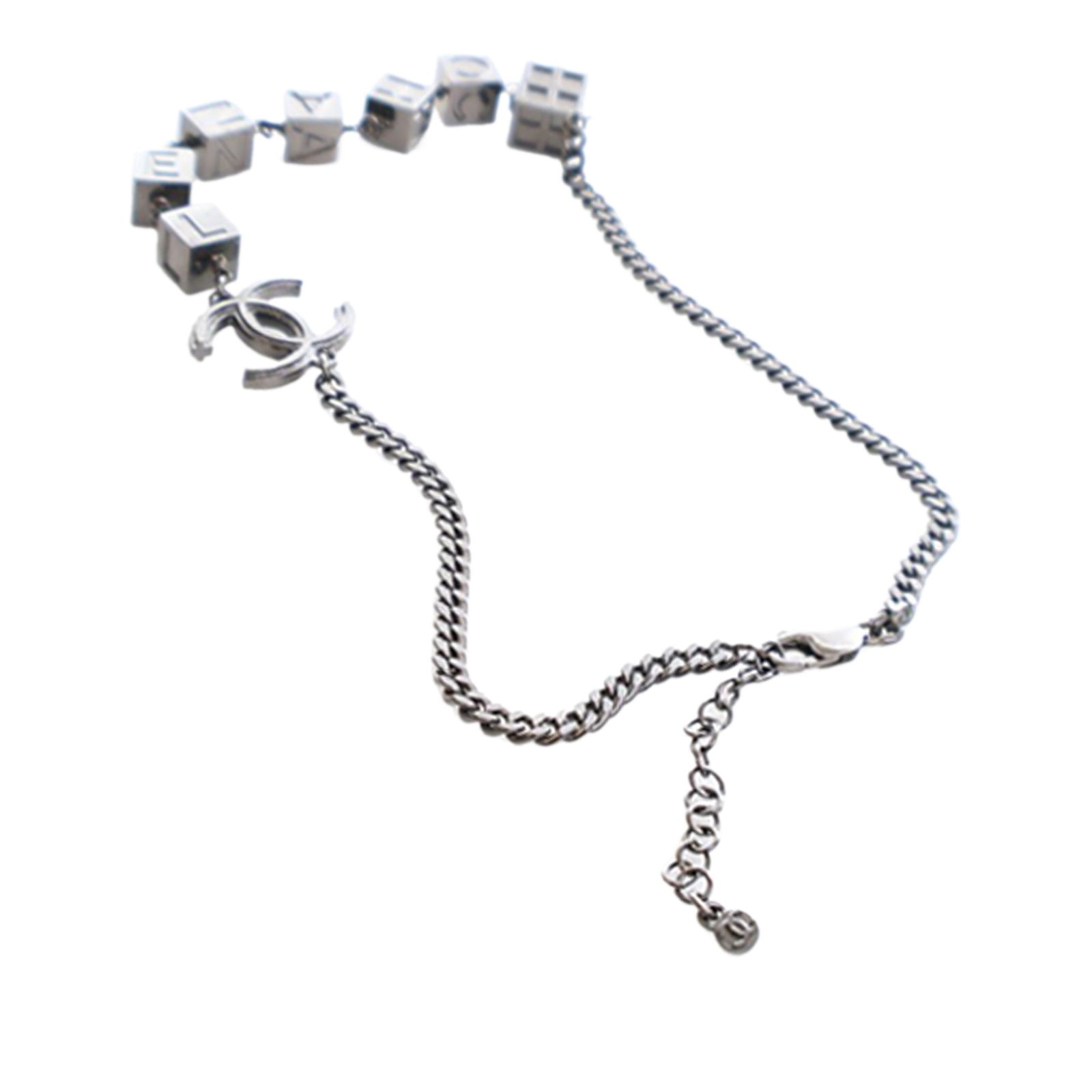 Chanel CC Logo Ruthenium Finish Chain Choker Necklace: Chanel CC Logo Ruthenium Finish Chain Choker Necklace This Chanel choker necklace features a ruthenium plated metal body with signature logo charms and is secured with a lobster clasp closure. It is a