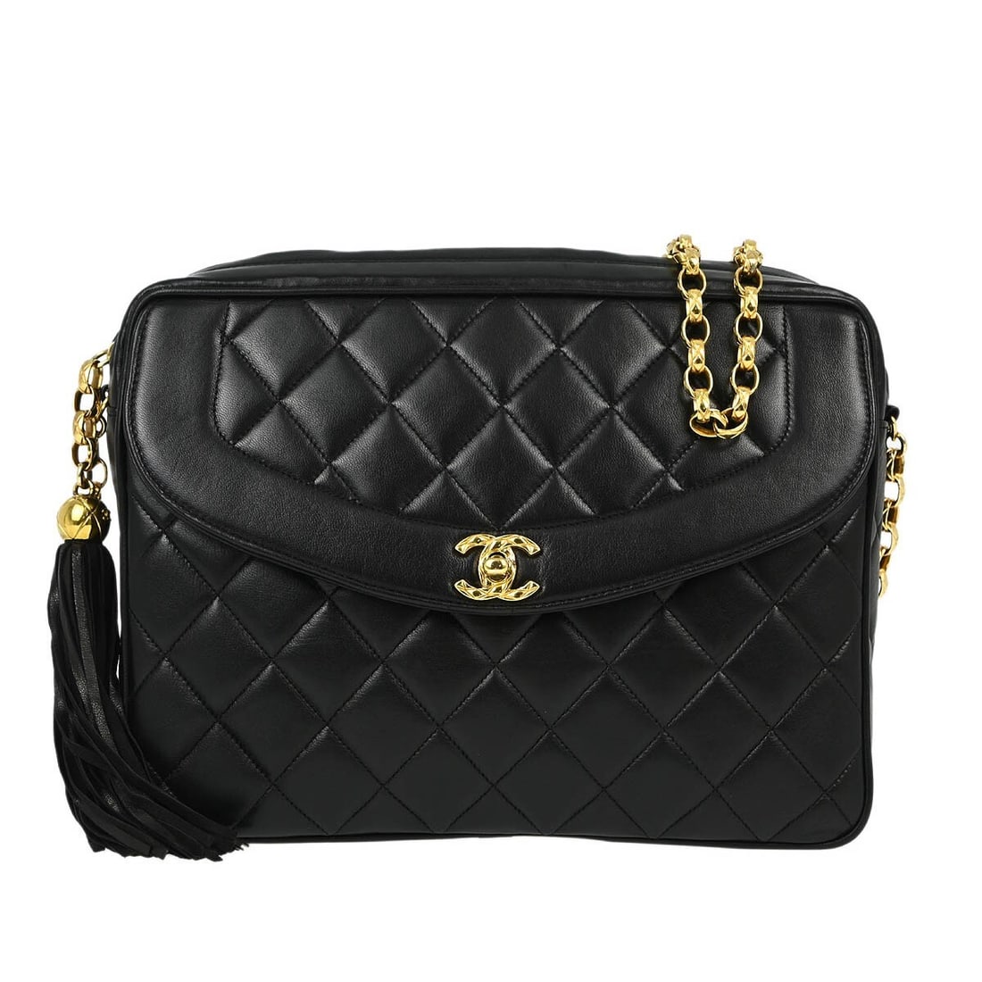 Chanel Black Lambskin Large Camera Bag with Certificate of Authenticity: Chanel Black Lambskin Large Camera Bag with Certificate of Authenticity This stunning Chanel Black Lambskin Camera Bag is a perfect blend of style and functionality, designed for casual occasions. Cra