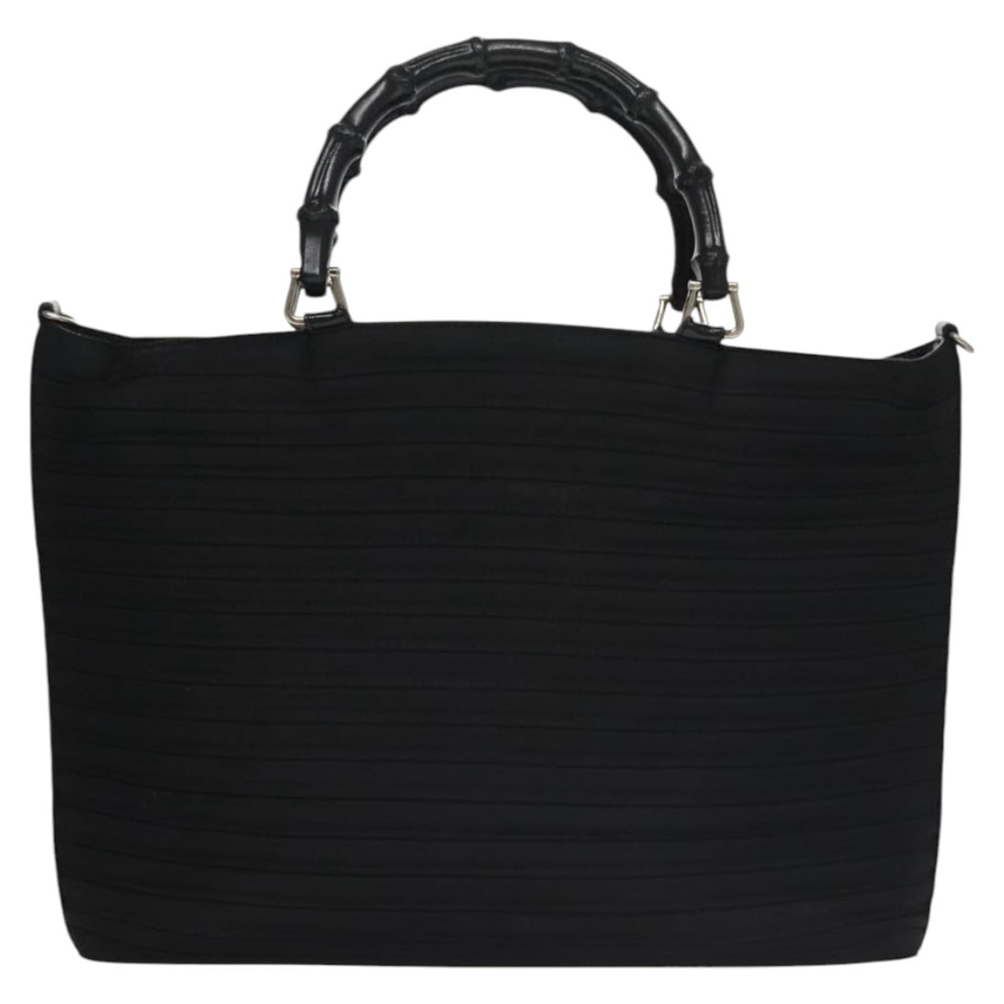 Vintage Gucci Black Tote Bag with Bamboo Handles: Vintage Gucci Black Tote Bag with Bamboo Handles This Gucci vintage bamboo handle tote in black features a spacious design with signature bamboo handles. The exterior shows some signs of use, includin