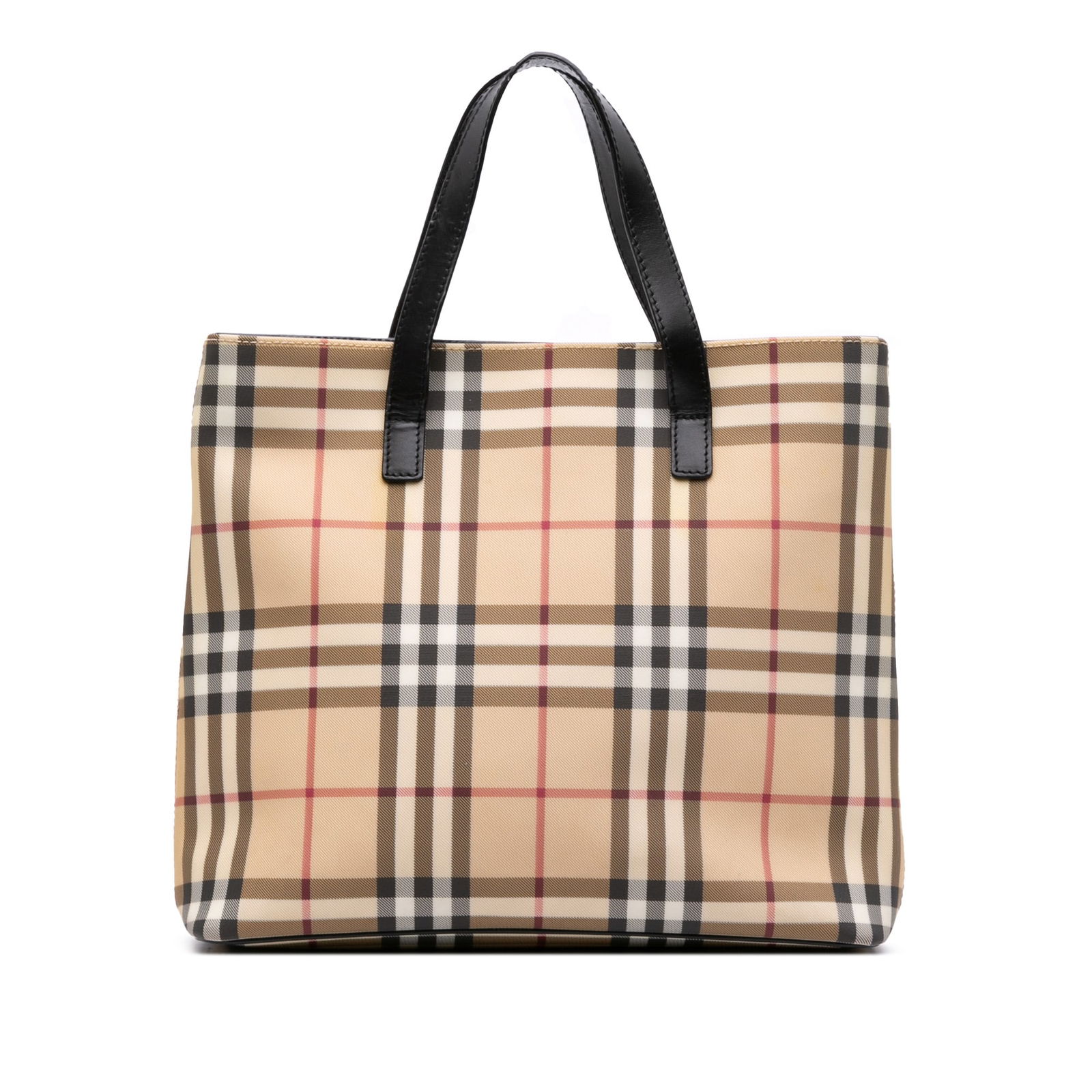 Burberry House Check Coated Canvas Tote Bag in Brown: Burberry House Check Coated Canvas Tote Bag in Brown This stylish Burberry tote bag is crafted from house check coated canvas, showcasing a classic design with flat leather handles for comfortable car