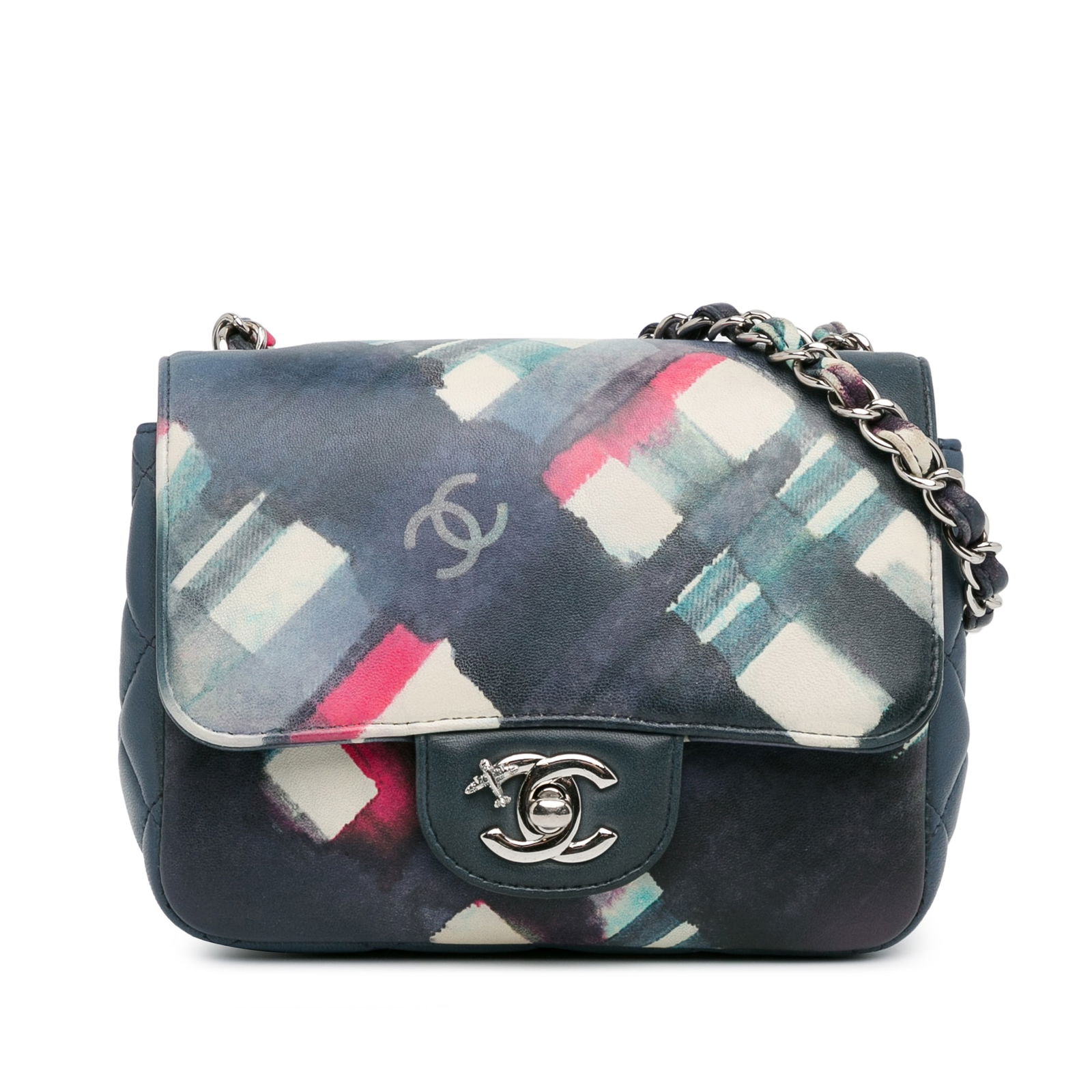 Chanel Mini Square Classic Airlines Lambskin Crossbody Bag Blue: Chanel Mini Square Classic Airlines Lambskin Crossbody Bag Blue This Chanel Mini Square Classic Calfskin Airline Flap crossbody bag showcases a stylish design crafted from printed leather. It features
