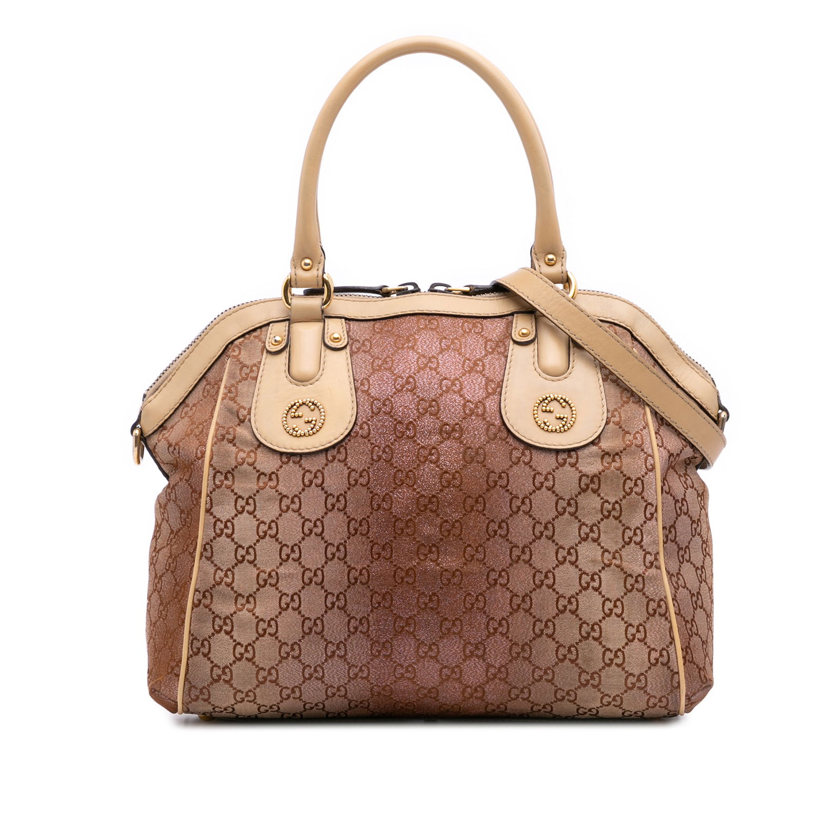Gucci Medium GG Lurex Scarlett Brown Satchel Bag Italy: Gucci Medium GG Lurex Scarlett Brown Satchel Bag Italy The Gucci Medium GG Lurex Scarlett Satchel is a stylish and functional bag crafted from durable canvas with luxurious leather trim. It features r