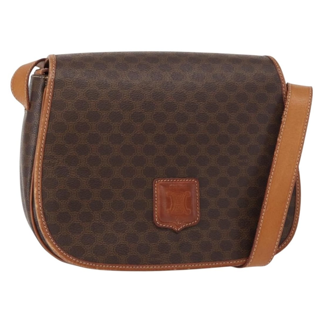Macadam Pattern Brown Shoulder Bag by Celine: Macadam Pattern Brown Shoulder Bag by Celine This pre-owned CELINE Macadam shoulder bag features a classic brown design with the distinctive Macadam pattern. The bag shows signs of gentle use, includi