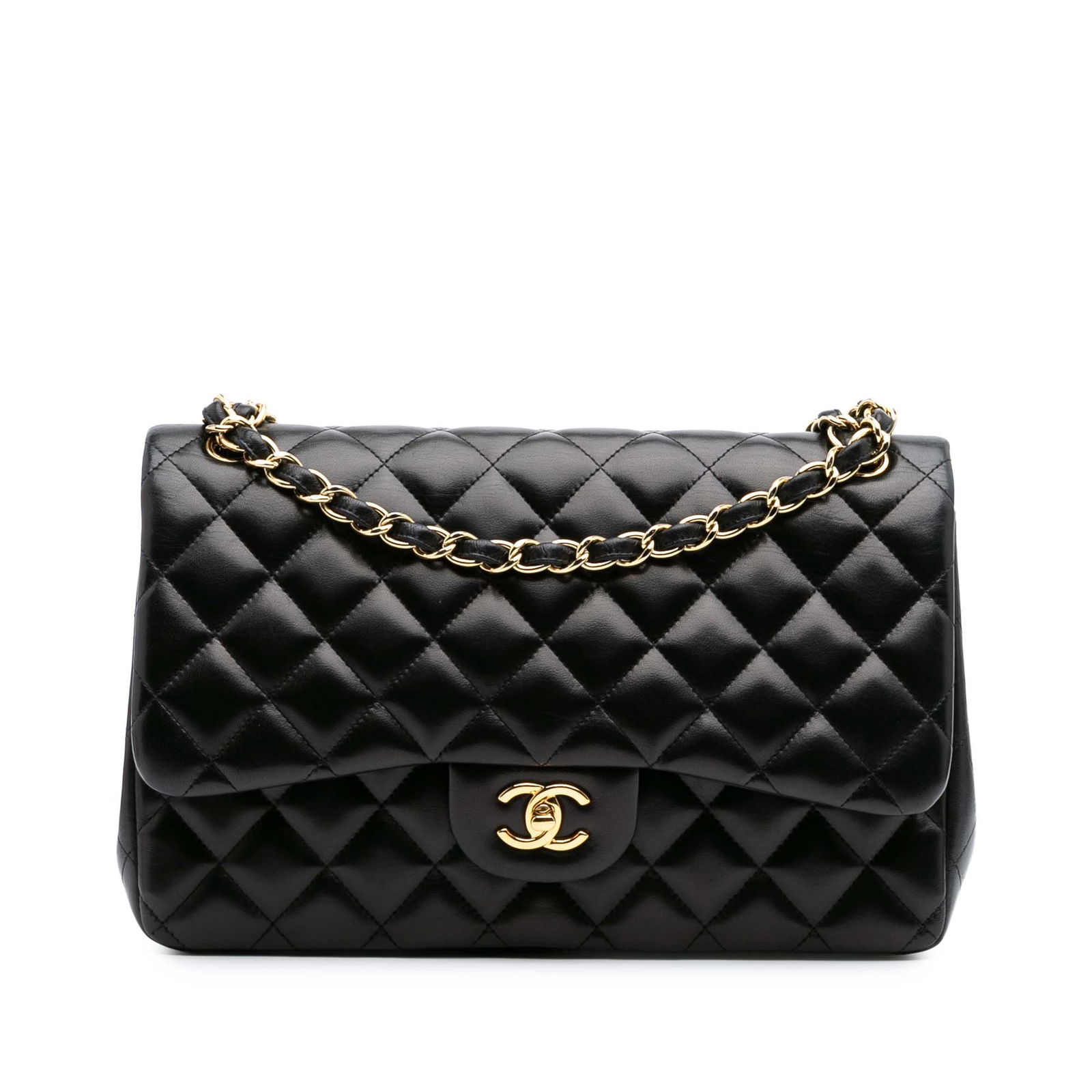 Chanel Jumbo Classic Black Lambskin Double Flap Shoulder Bag: Chanel Jumbo Classic Black Lambskin Double Flap Shoulder Bag This elegant Chanel Jumbo Classic Double Flap shoulder bag is crafted from luxurious quilted lambskin leather in a sophisticated black colo