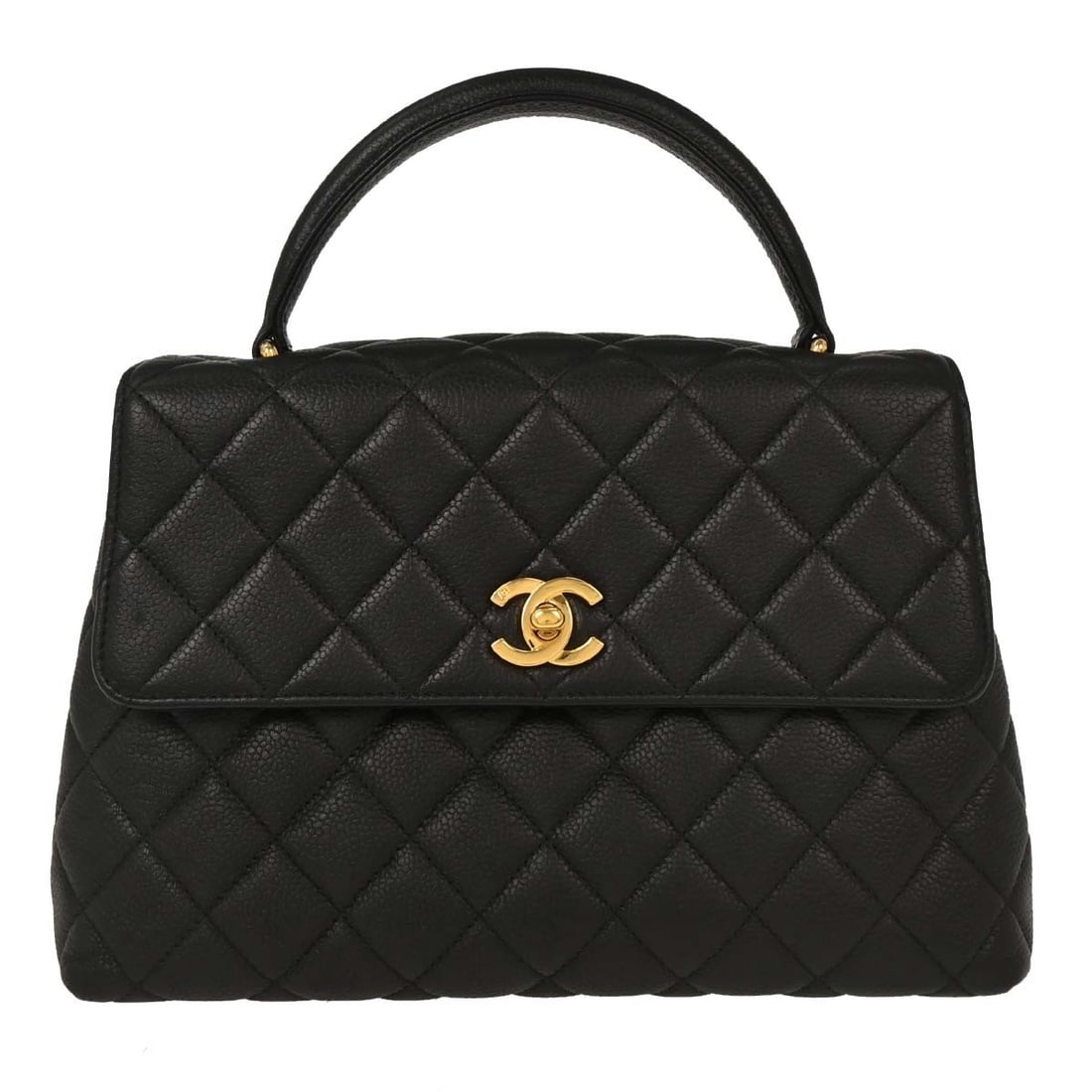 Chanel Black Caviar Leather Handbag with Turn Lock Closure: Chanel Black Caviar Leather Handbag with Turn Lock Closure This exquisite Chanel Black Calfskin Handbag is a perfect blend of sophistication and style. Crafted from high-quality caviar skin leather, t