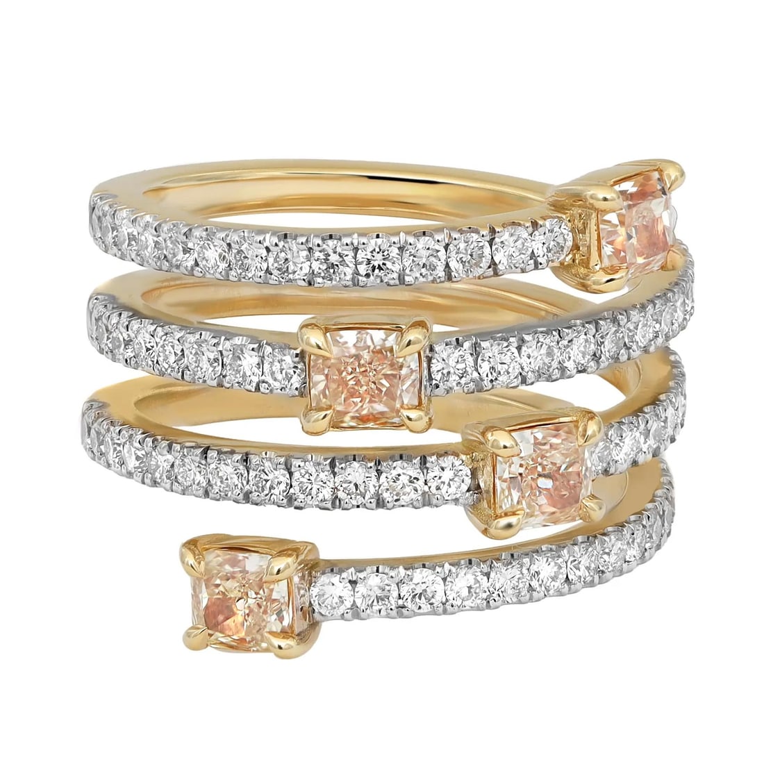Rachel Koen 18K Yellow Gold Spiral Band Ring with White and Yellow Diamonds: Rachel Koen 18K Yellow Gold Spiral Band Ring with White and Yellow Diamonds This exquisite spiral band ring, crafted from high-polished 18K yellow gold, showcases a stunning combination of white and y