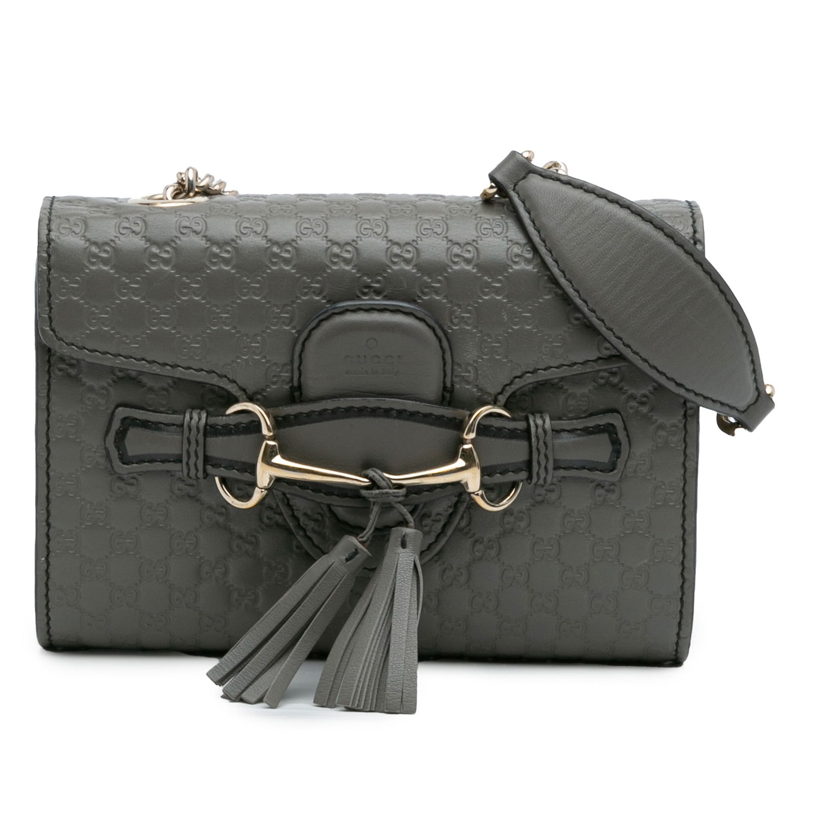 Gucci Mini Microguccissima Emily Crossbody Bag in Gray Leather: Gucci Mini Microguccissima Emily Crossbody Bag in Gray Leather The Gucci Mini Microguccissima Emily Crossbody showcases an embossed leather construction that exudes sophistication. It features a styli