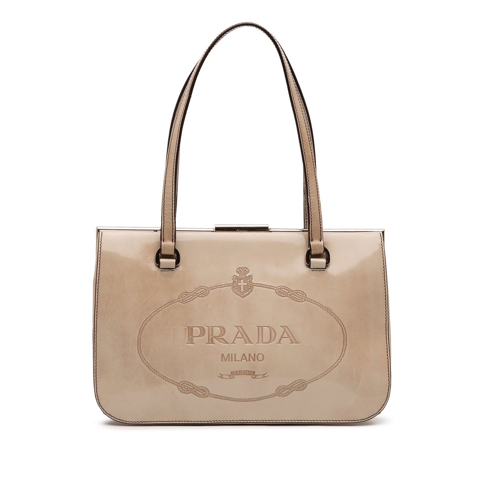 Brown Prada Spazzolato Frame Shoulder Bag with Logo and Patent Leather: Brown Prada Spazzolato Frame Shoulder Bag with Logo and Patent Leather This Prada Spazzolato Logo Frame Shoulder Bag is crafted from brown patent leather and features flat leather shoulder straps, a t