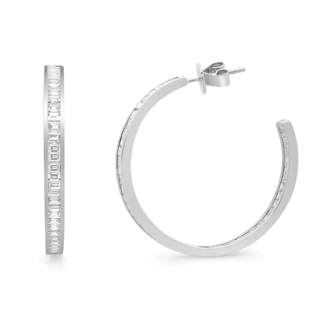 Rachel Koen 2.97ct Baguette Diamond Hoop Earrings 18K White Gold: Rachel Koen 2.97ct Baguette Diamond Hoop Earrings 18K White Gold Elevate your style with these stunning Rachel Koen hoop earrings, featuring a total carat weight of 2.97 carats. Crafted from luxurious