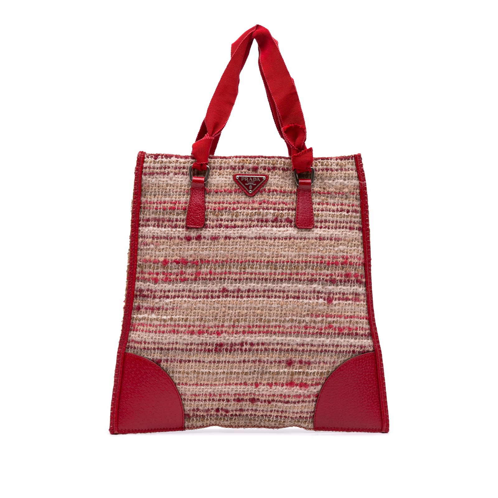 Prada Vitello Trimmed Red Tweed Flat Tote Bag Italy: Prada Vitello Trimmed Red Tweed Flat Tote Bag Italy Elevate your style with the Prada Vitello Trimmed Tweed Flat Tote, a chic accessory that combines functionality with elegance. This tote showcases a