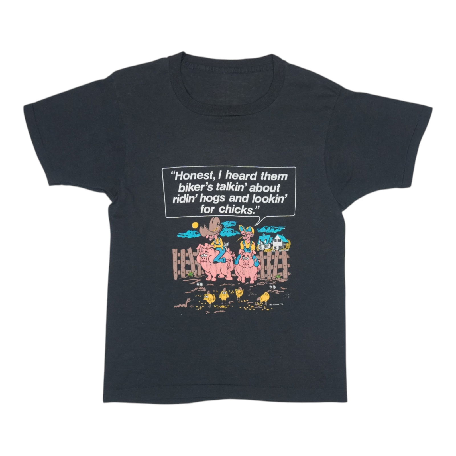 Vintage 1980s Ridin Hogs Motorcycle Shirt Black Graphics: Vintage 1980s Ridin Hogs Motorcycle Shirt Black Graphics Step back into the vibrant 1980s with this original vintage Ridin Hogs Lookin For Chicks Motorcycle Shirt. This authentic piece features striki