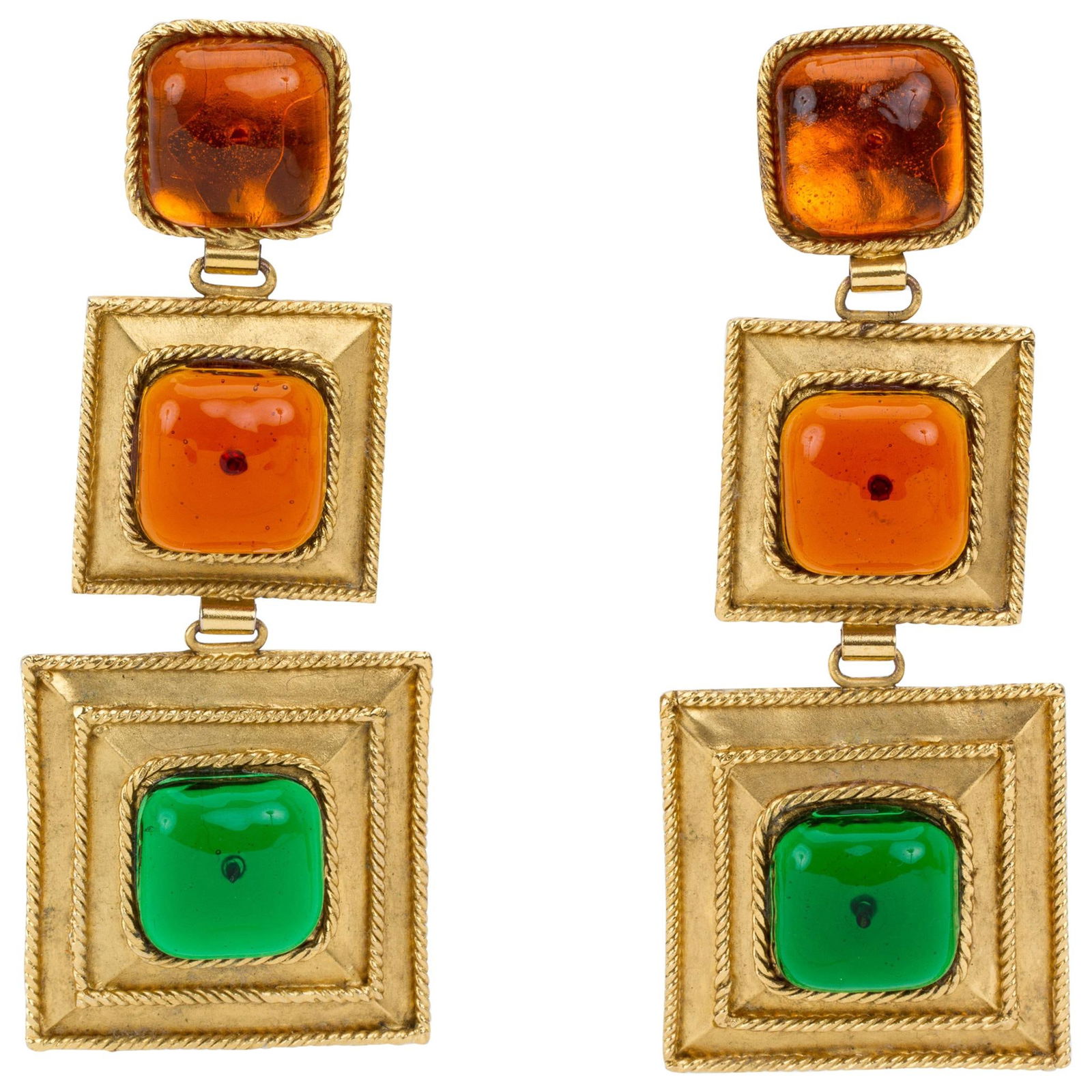 Chanel 80s Rare Gripoix Oversized Earrings with Box: Chanel 80s Rare Gripoix Oversized Earrings with Box These rare Chanel oversized clip earrings from the 1980s are a stunning example of the craftsmanship by Victoire de Castellaine. Featuring vibrant m