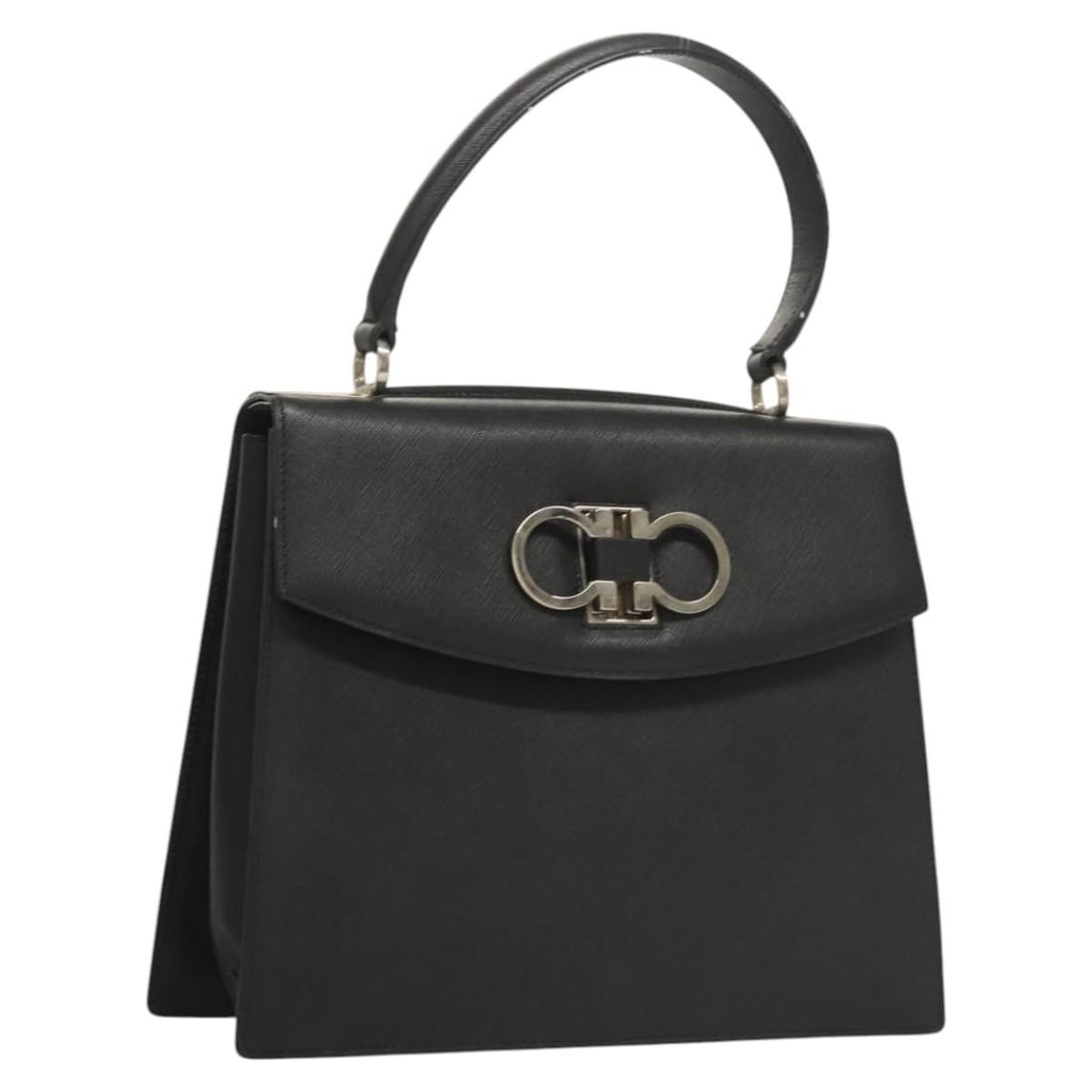 Double Gancini Black Top Handle Handbag by Salvatore Ferragamo: Double Gancini Black Top Handle Handbag by Salvatore Ferragamo This Salvatore Ferragamo Double Gancini Top Handle Bag in black features a structured silhouette with a top handle design. The exterior s