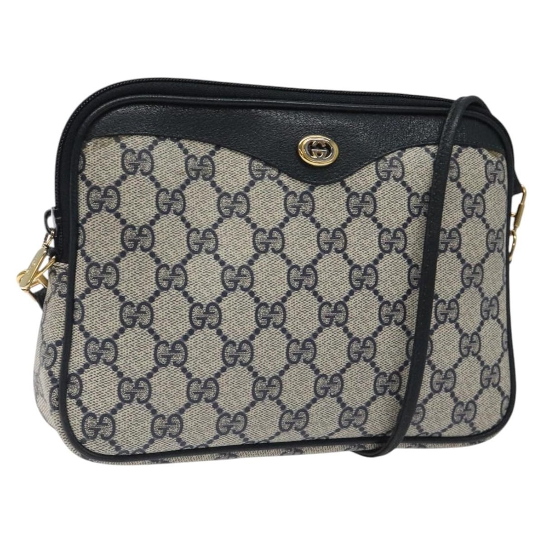 GUCCI GG Supreme Navy Gold Shoulder Bag PVC 97 02 068 Auth: GUCCI GG Supreme Navy Gold Shoulder Bag PVC 97 02 068 Auth This authentic GUCCI GG Supreme Shoulder Bag is crafted from durable PVC leather in a stylish navy and gold color scheme. With an approximate