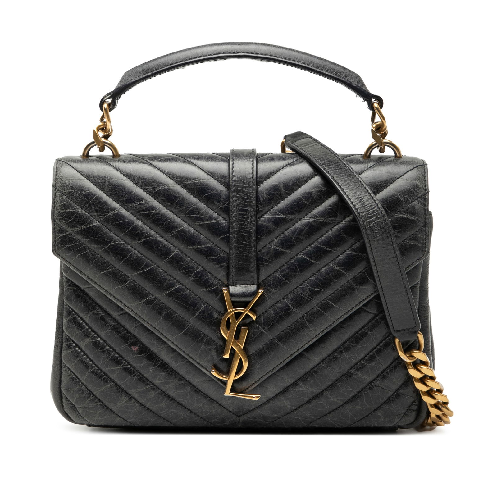 Saint Laurent Medium Chevron Black Sheepskin College Satchel: Saint Laurent Medium Chevron Black Sheepskin College Satchel The Saint Laurent Medium Chevron Sheepskin Monogram College Satchel is a chic and versatile bag crafted from high-quality quilted leather.