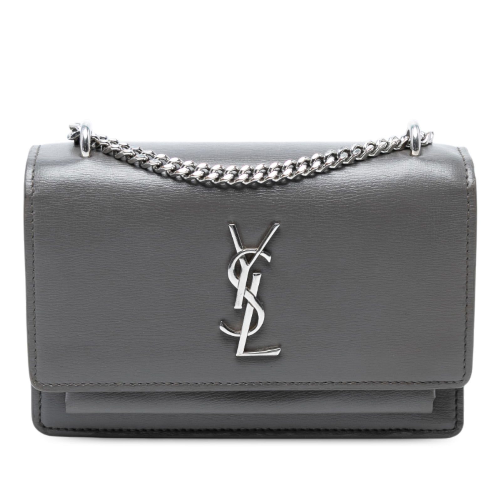 Saint Laurent Monogram Sunset Small Gray Leather Crossbody Bag: Saint Laurent Monogram Sunset Small Gray Leather Crossbody Bag This Saint Laurent Small Calfskin Monogram Sunset Crossbody features a gray leather exterior with a chain link strap and leather guard, a