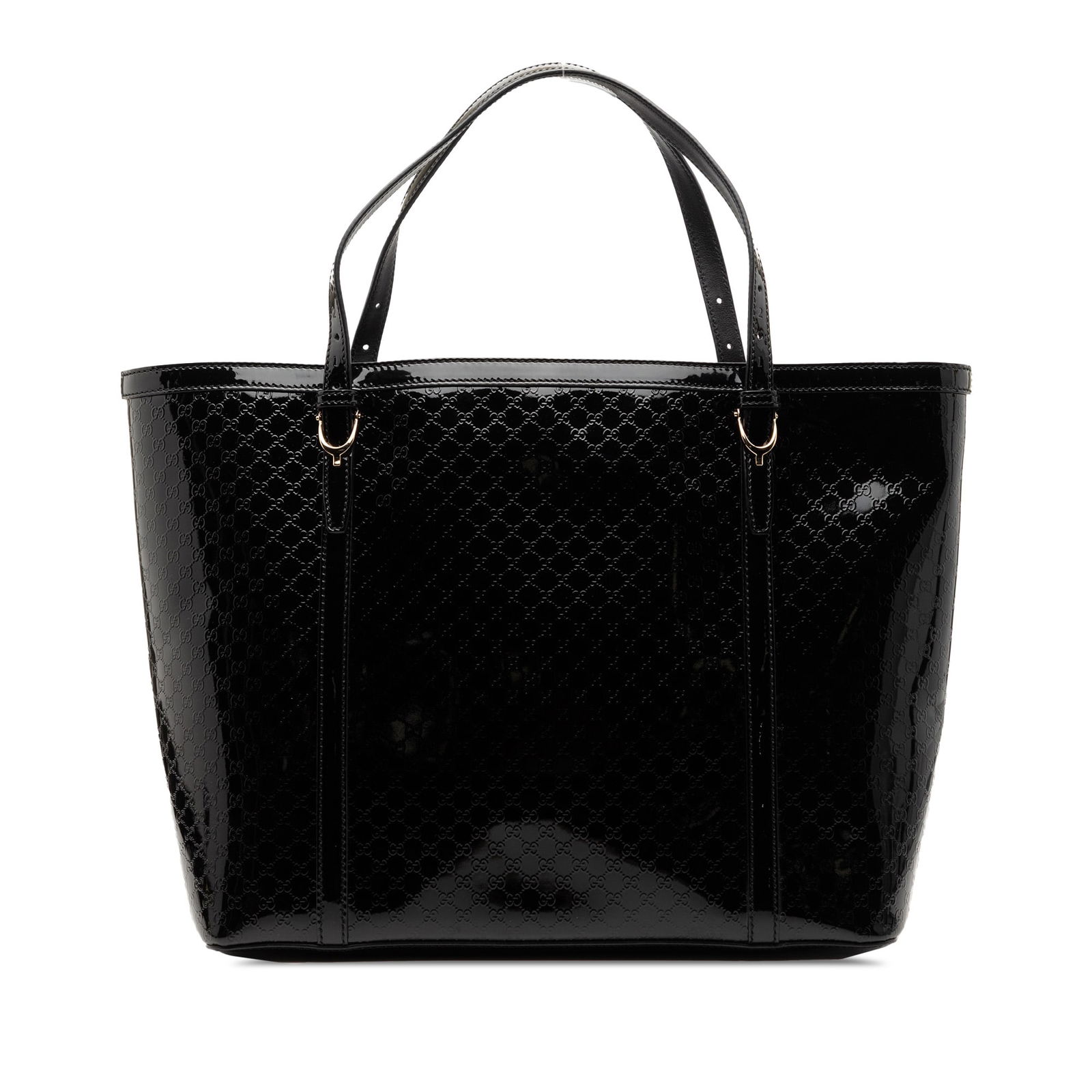 Black Patent Leather Nice Tote by Gucci Microguccissima: Black Patent Leather Nice Tote by Gucci Microguccissima This Gucci Microguccissima Patent Nice Tote features a black patent leather body with the signature Microguccissima pattern, flat straps, an ope