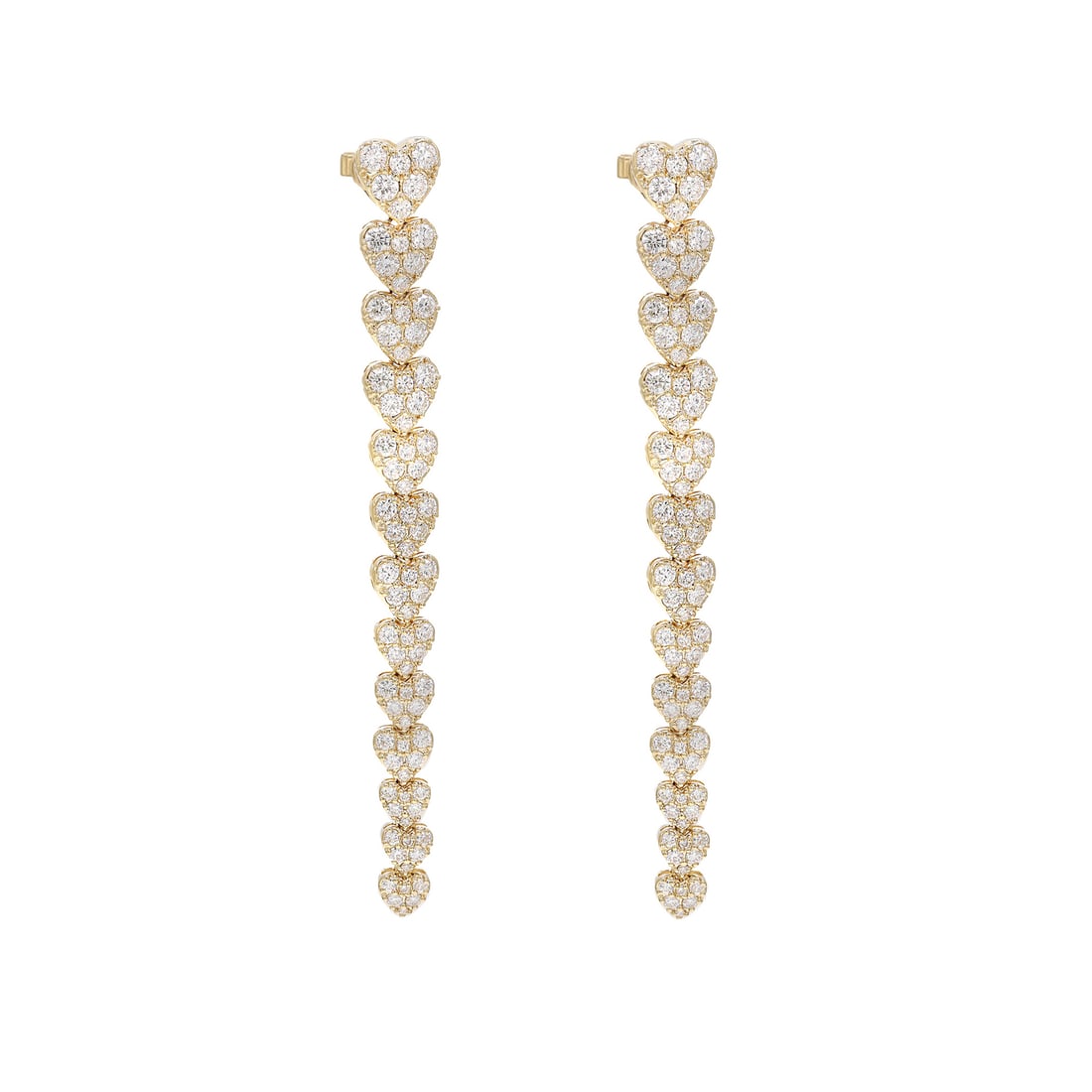 Rachel Koen 18K Yellow Gold Heart Drop Earrings 4.11Cts Diamonds: Rachel Koen 18K Yellow Gold Heart Drop Earrings 4.11Cts Diamonds Elevate your jewelry collection with these stunning long drop earrings, meticulously crafted in 18K yellow gold. Featuring a unique des