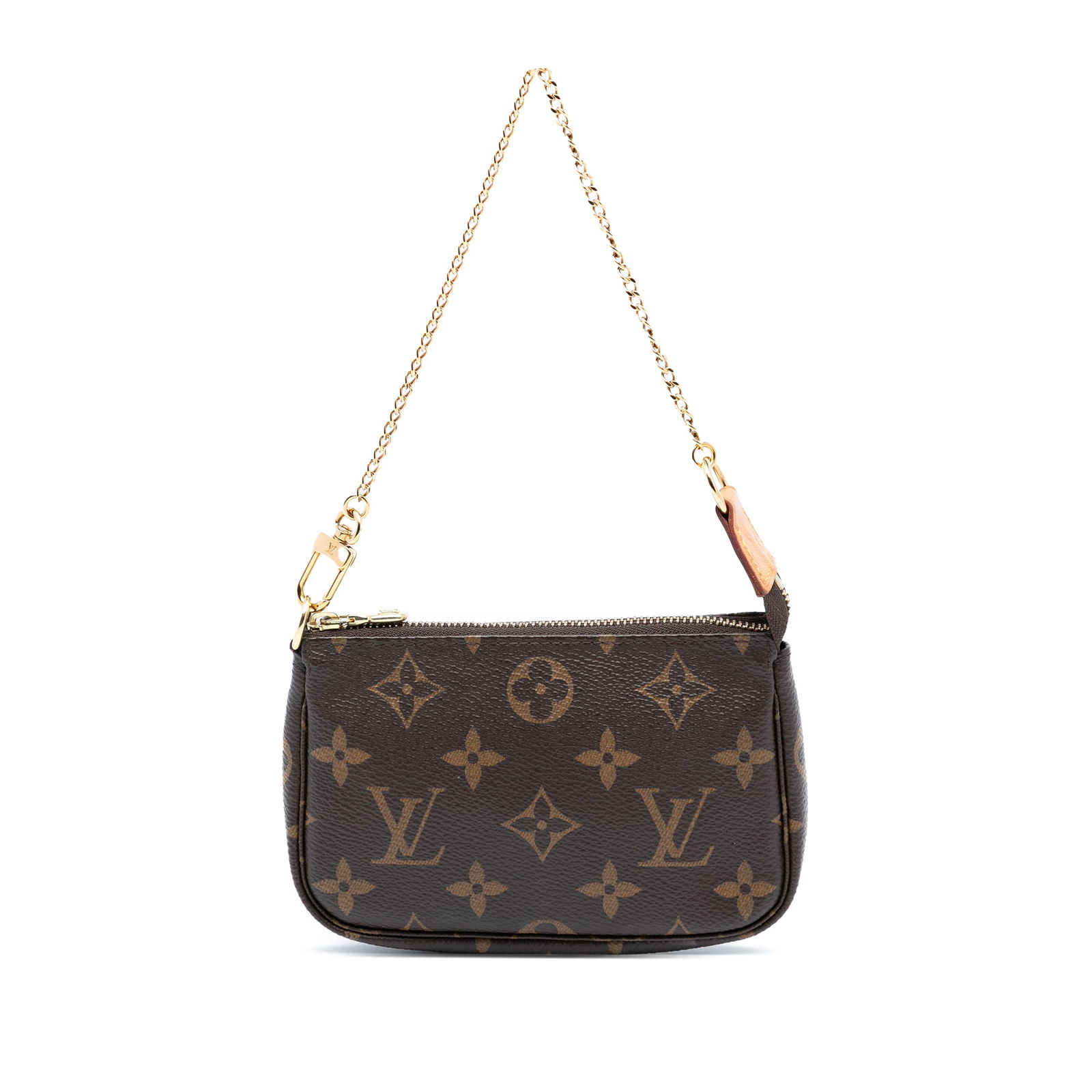Louis Vuitton Mini Monogram Canvas Pouch with Chain Strap: Louis Vuitton Mini Monogram Canvas Pouch with Chain Strap The Louis Vuitton Monogram Mini Pochette Accessoires features a monogram canvas exterior, a gold-tone chain link strap, and a top zip closure.